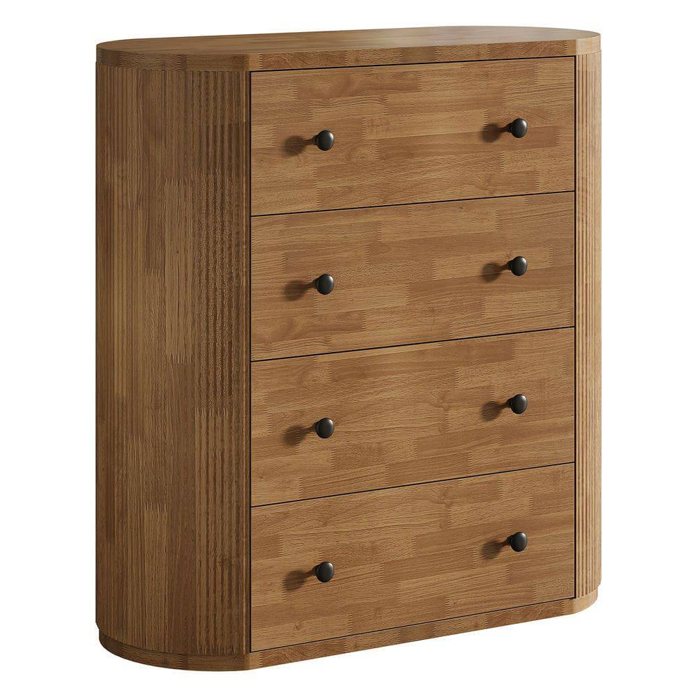 Back. Kadyn - 39.4" Wooden 4-Drawer Chest Dresser, Fluted Storage Cabinet Organizer, Black Knobs - Brown.