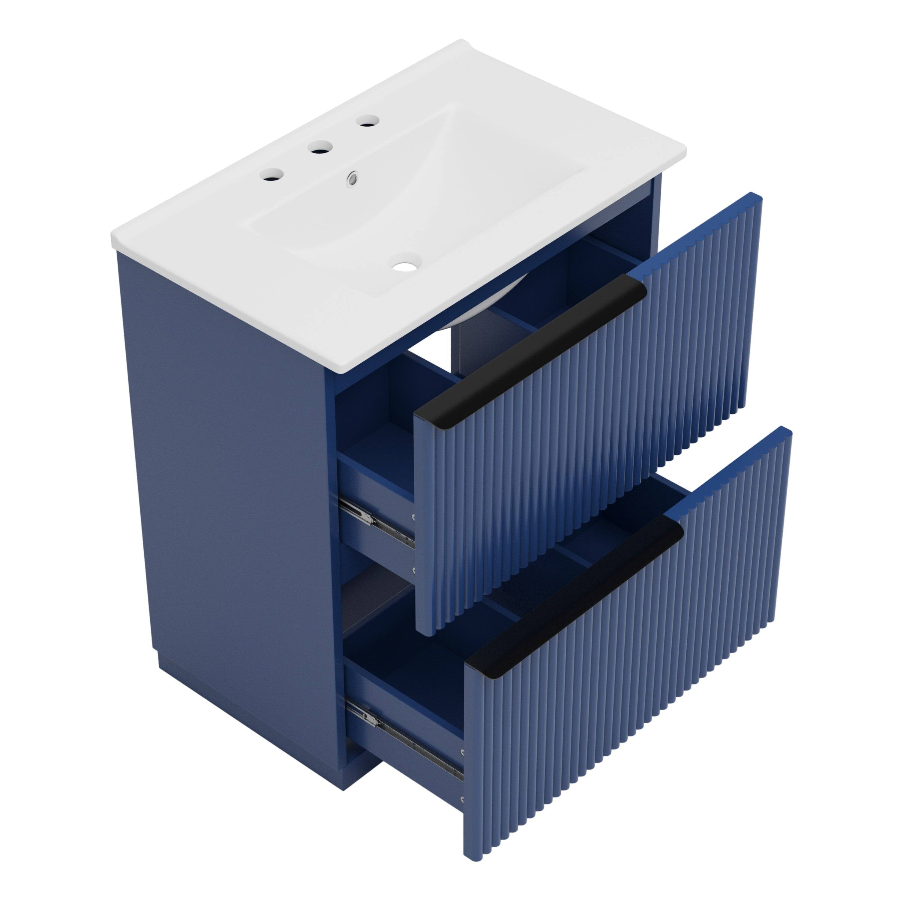 Back. Boyel Living - 30 Inch Bathroom Vanity with Ceramic Sink Full Extension Drawers Soft Close Fluted Design Blue - Blue.