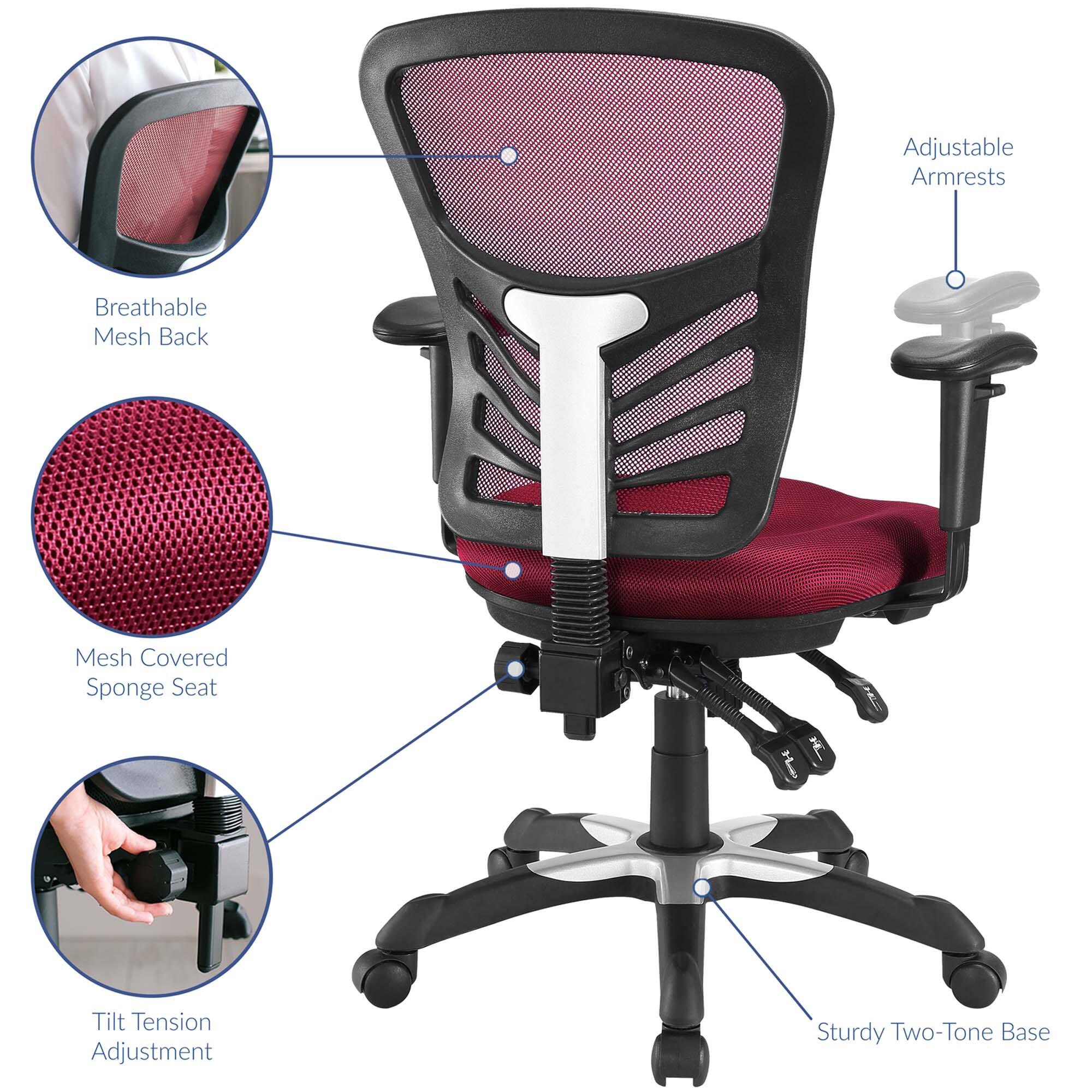 Adjustable Armrests  
Breathable Mesh Back  
Mesh Covered Sponge Seat  
Tilt Tension Adjustment  
Sturdy Two-Tone Base
