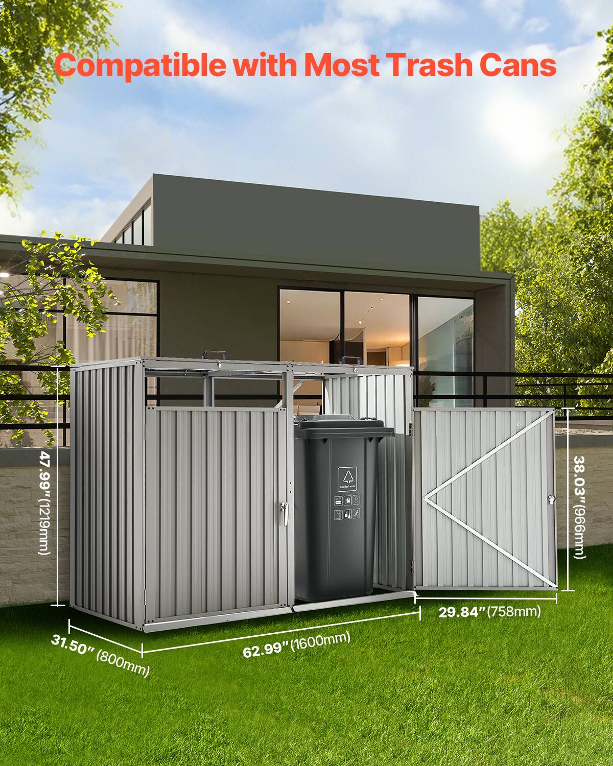 Compatible with Most Trash Cans

47.99" (1219mm)  
31.50" (800mm)  
62.99" (1600mm)  
29.84" (758mm)  
38.03" (966mm)