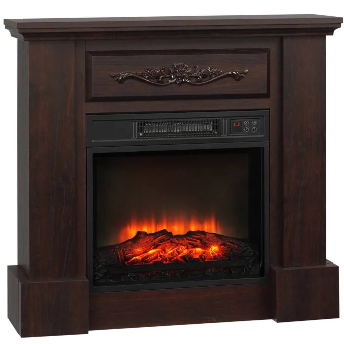 Angle. Loheer - Loheer Freestanding Electric Fireplace with Mantel, 1400W Heater with 3D LED Log Flame, Brown - Brown.