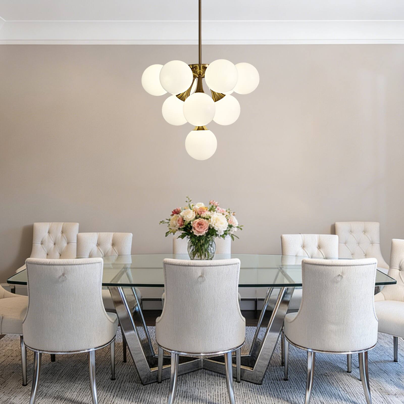 Alt View 1. Siljoy - 21.3" Gold 10-Light Sputnik Chandelier, White Glass Shades Adjustable for Dining Kitchen Living Foyer - Gold Brass.