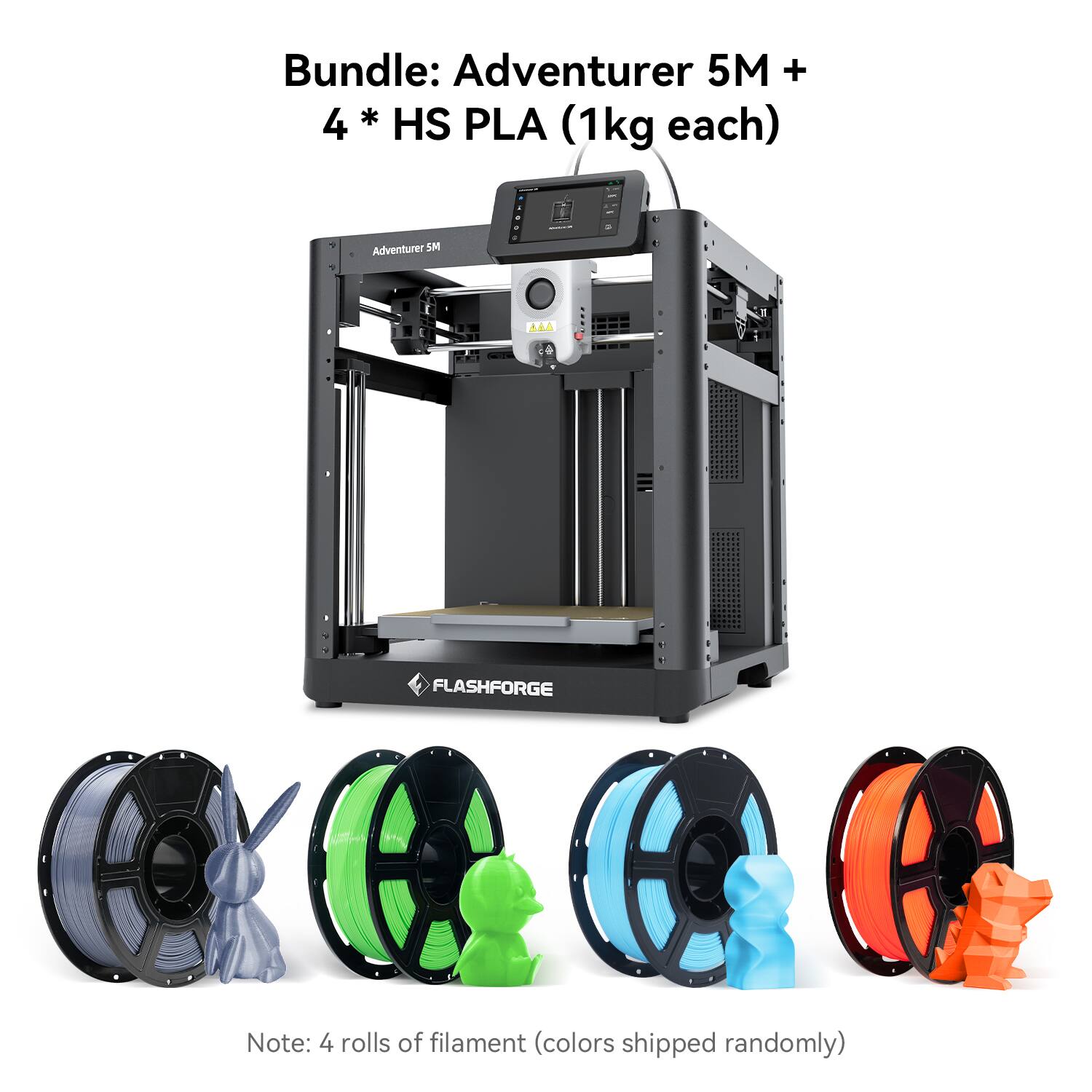 Bundle: Adventurer 5M + 4 * HS PLA (1kg each)  
Note: 4 rolls of filament (colors shipped randomly)