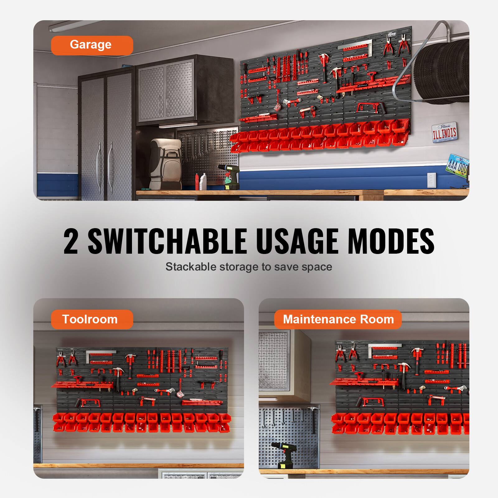 Garage  
2 SWITCHABLE USAGE MODES  
Stackable storage to save space  
Toolroom  
Maintenance Room