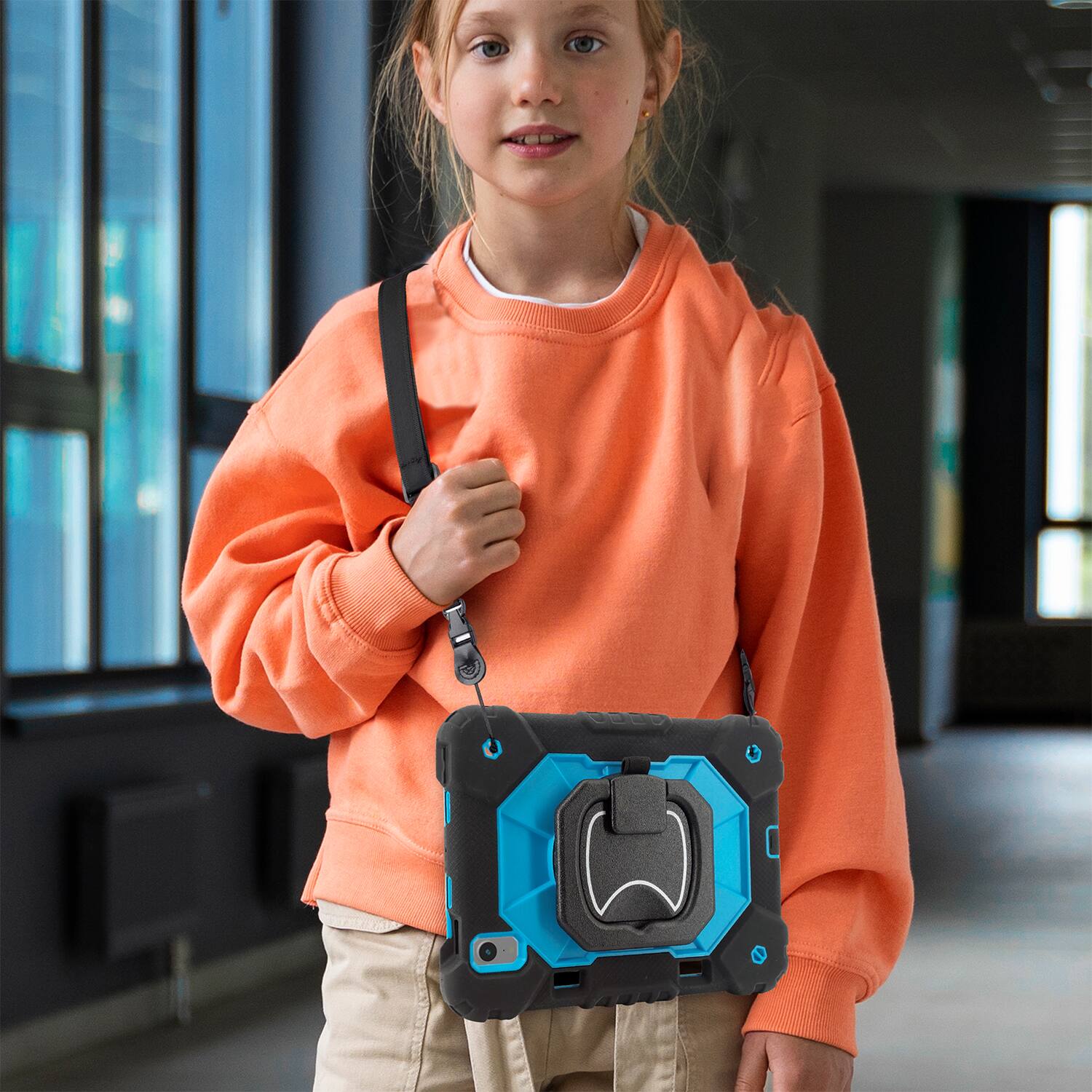 Angle. Vena - For Apple iPad mini 6th Generation Case For Kids (8.3"), iPad mini A17 Pro Case 360° Rotating Hand Strap Stand, Blue - Blue.