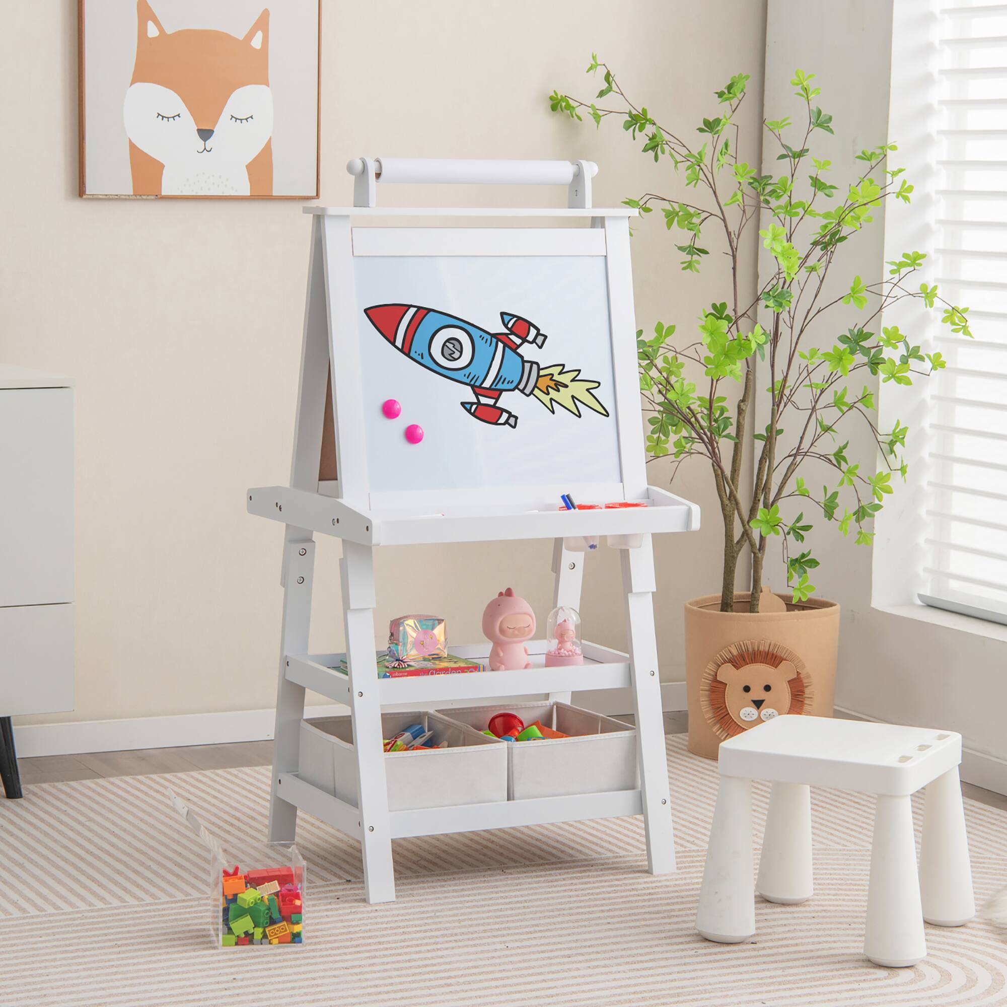 Alt View 1. Gymax - Gymax 3 in 1 Double-Sided Storage Art Easel w/Paint Cups for Kid Writing Teal Frosting White - White.