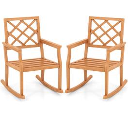 Costway - 2 PCS Teak Wood Rocking Chair with Backrest and Slatted Seat Backyard and Lawn - Natural