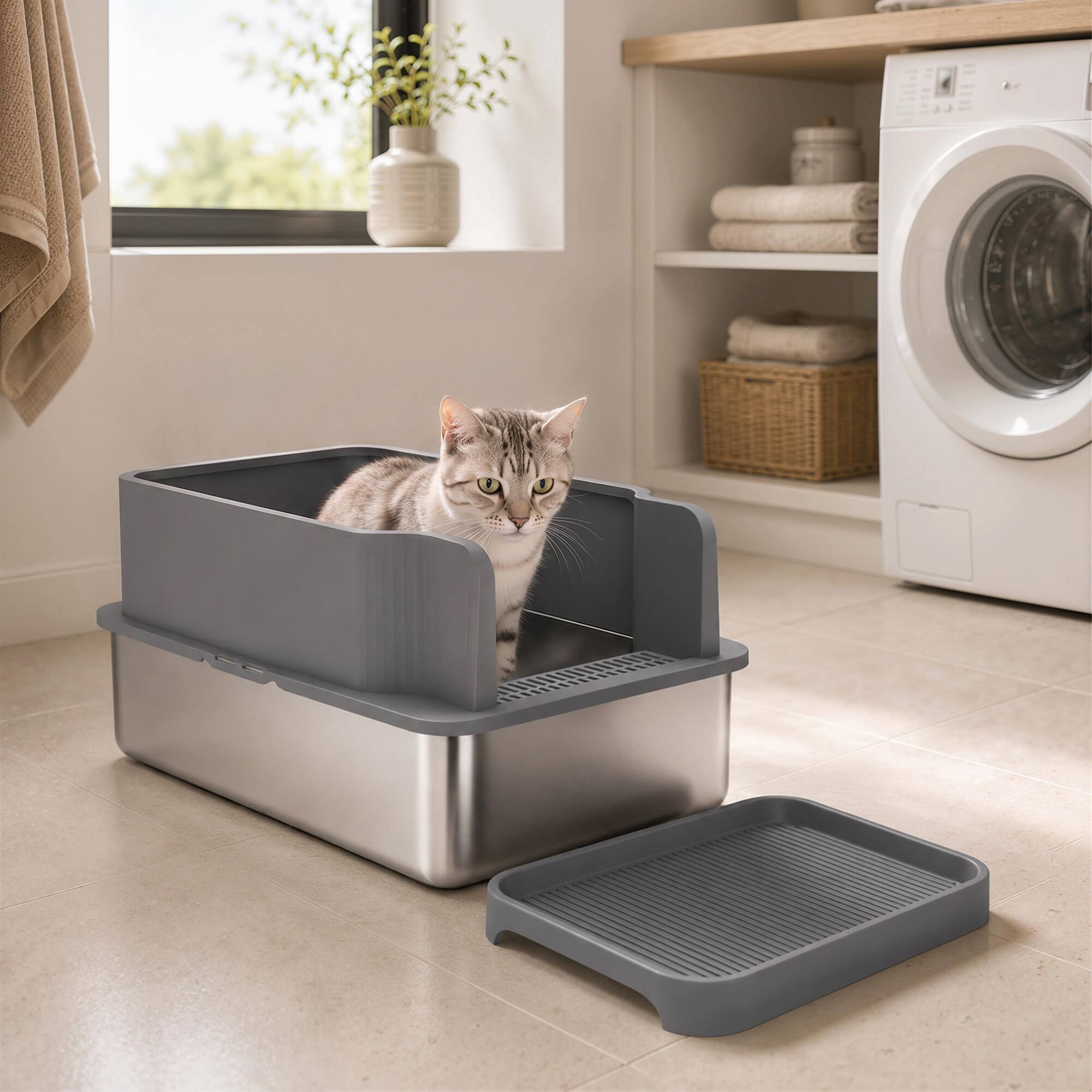 Alt View 8. Pawhut - Steel Sifting Litter Box for Pine Pellets, Large Metal Litter Box with Sifter Tray, Metal Scoop - Dark Gray.