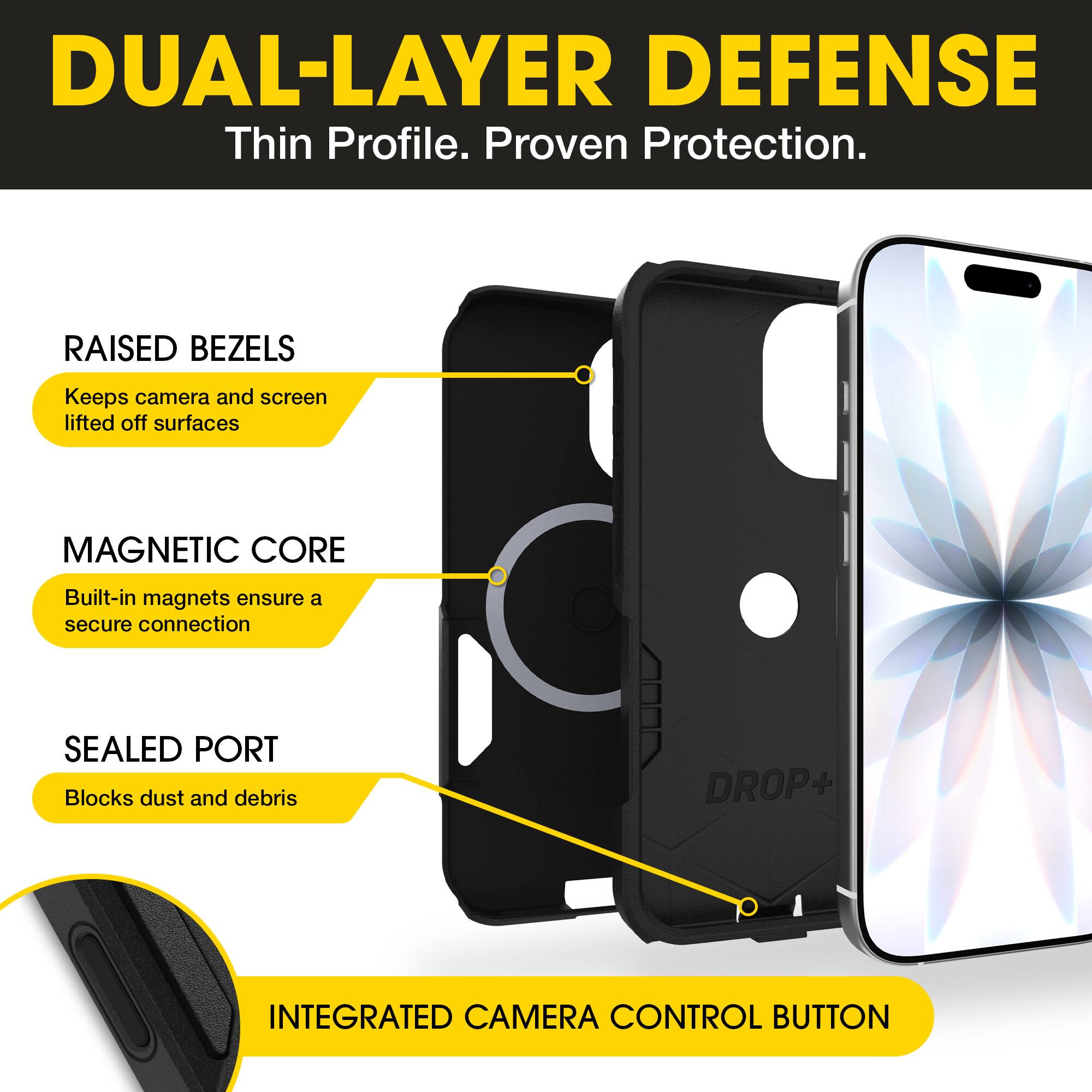 DUAL-LAYER DEFENSE  
Thin Profile. Proven Protection.

- RAISED BEZELS  
  Keeps camera and screen lifted off surfaces

- MAGNETIC CORE  
  Built-in magnets ensure a secure connection

- SEALED PORT  
  Blocks dust and debris

- INTEGRATED CAMERA CONTROL BUTTON