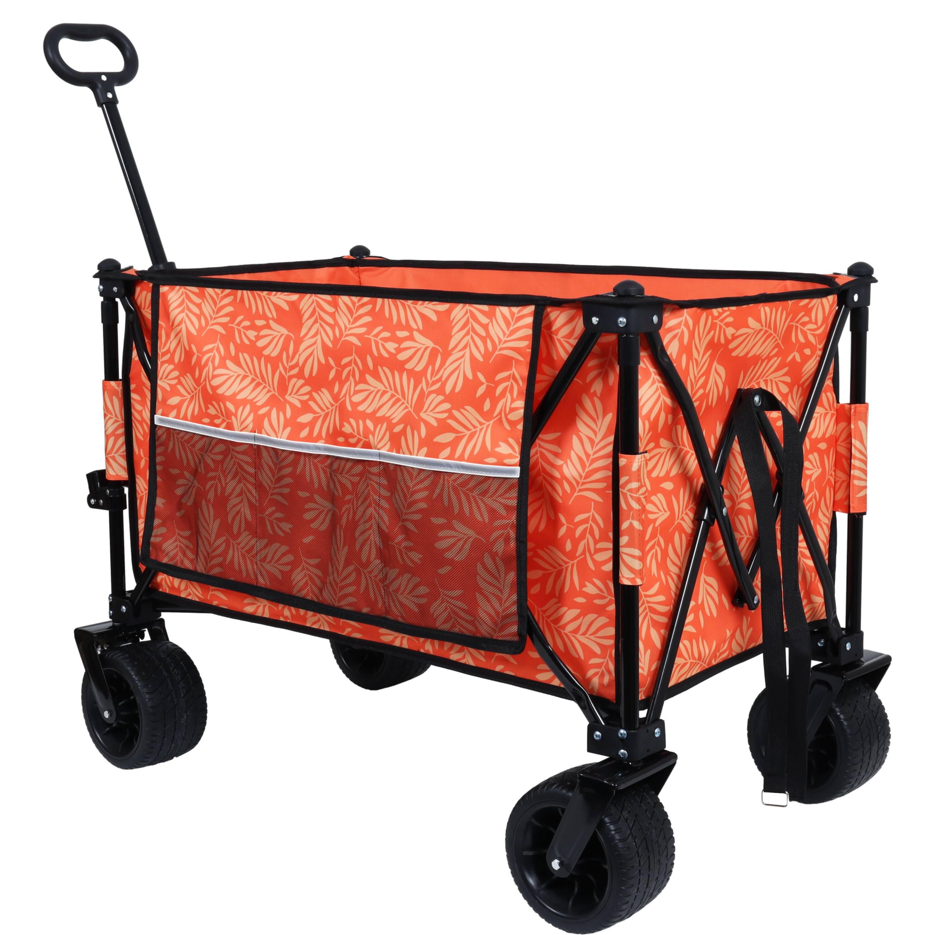 APRILSOUL - Collapsible Foldable Extended Wagon with 480lbs Weight Capacity Big All-Terrain Beach Wheels and Drink Holders Brakes - Orange