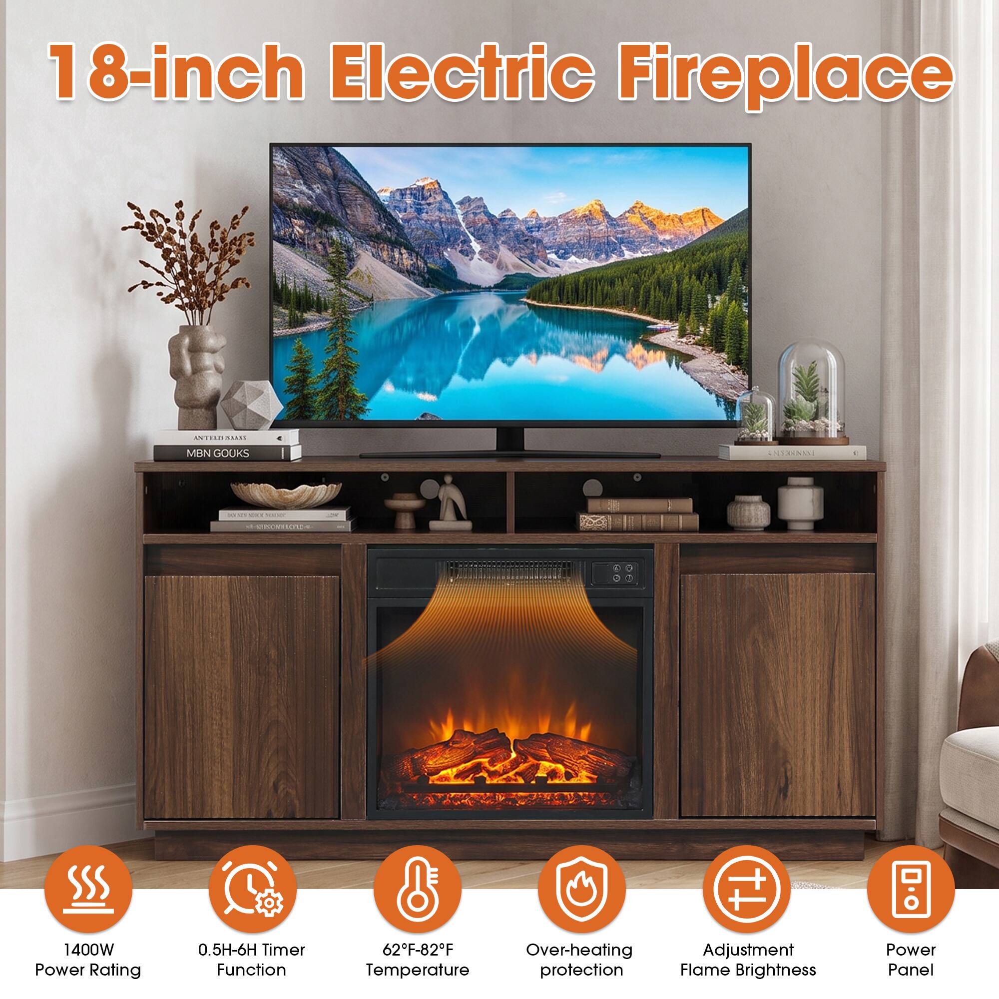 18-inch Electric Fireplace

1400W Power Rating
0.5H-6H Timer Function
62°F-82°F Over-heating Temperature protection
Adjustment Flame Brightness
Power Panel