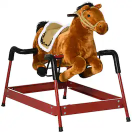 Siljoy - Spring Rocking Horse with Animal Sounds, 132lb Load, Soft Plush Ride‑On, Bouncing Toy for Kids 3‑12 - Brown