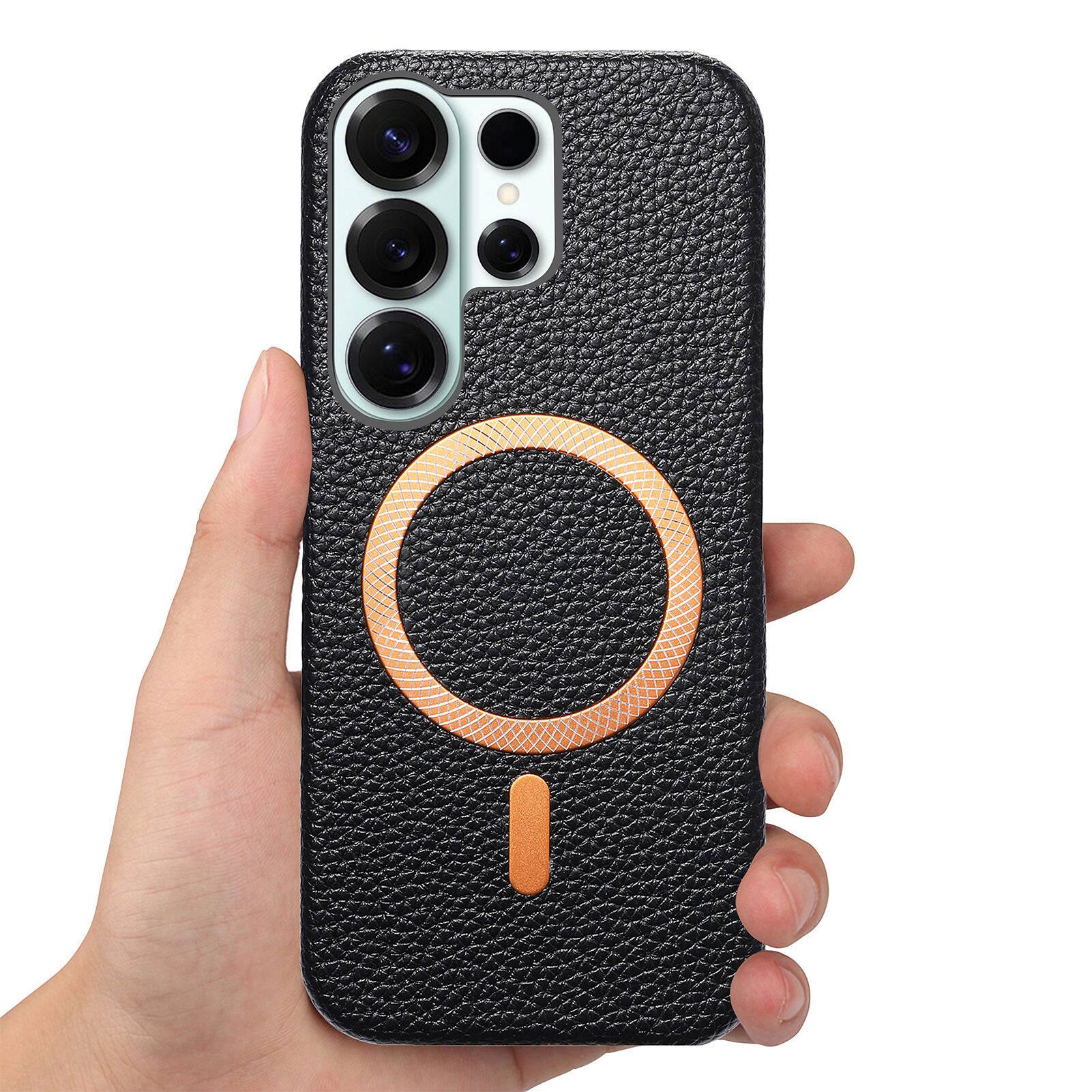Alt View 5. Dteck - Lychee Texture Case for Samsung Galaxy S26 Ultra, Premium PU Leather Magnetic Shockproof Hard PC Cover with Raised Edges - Black.