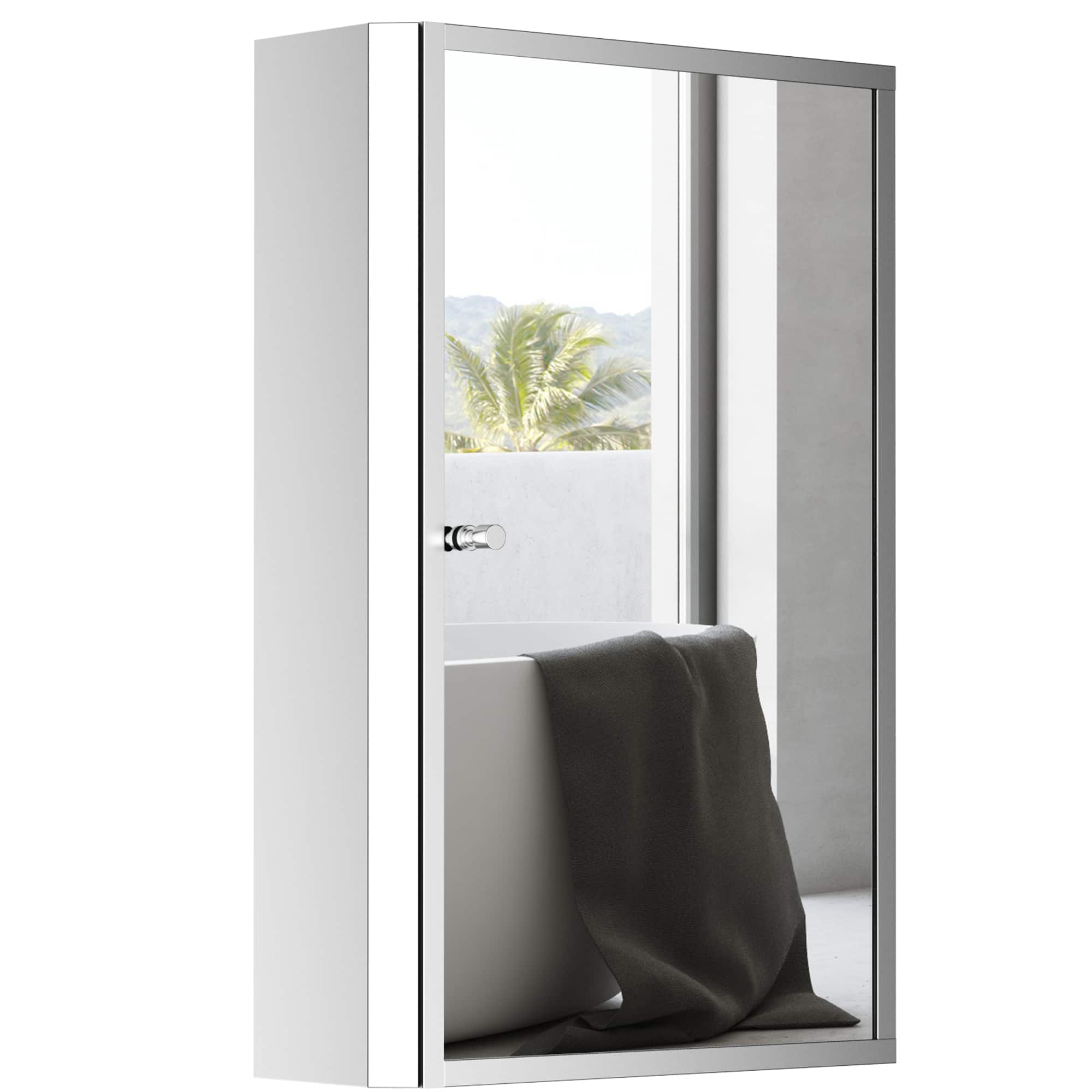 Homcom - Bathroom Mirrored Cabinet, Vertical 16" x 24" Stainless Steel Frame Medicine Cabinet - Silver