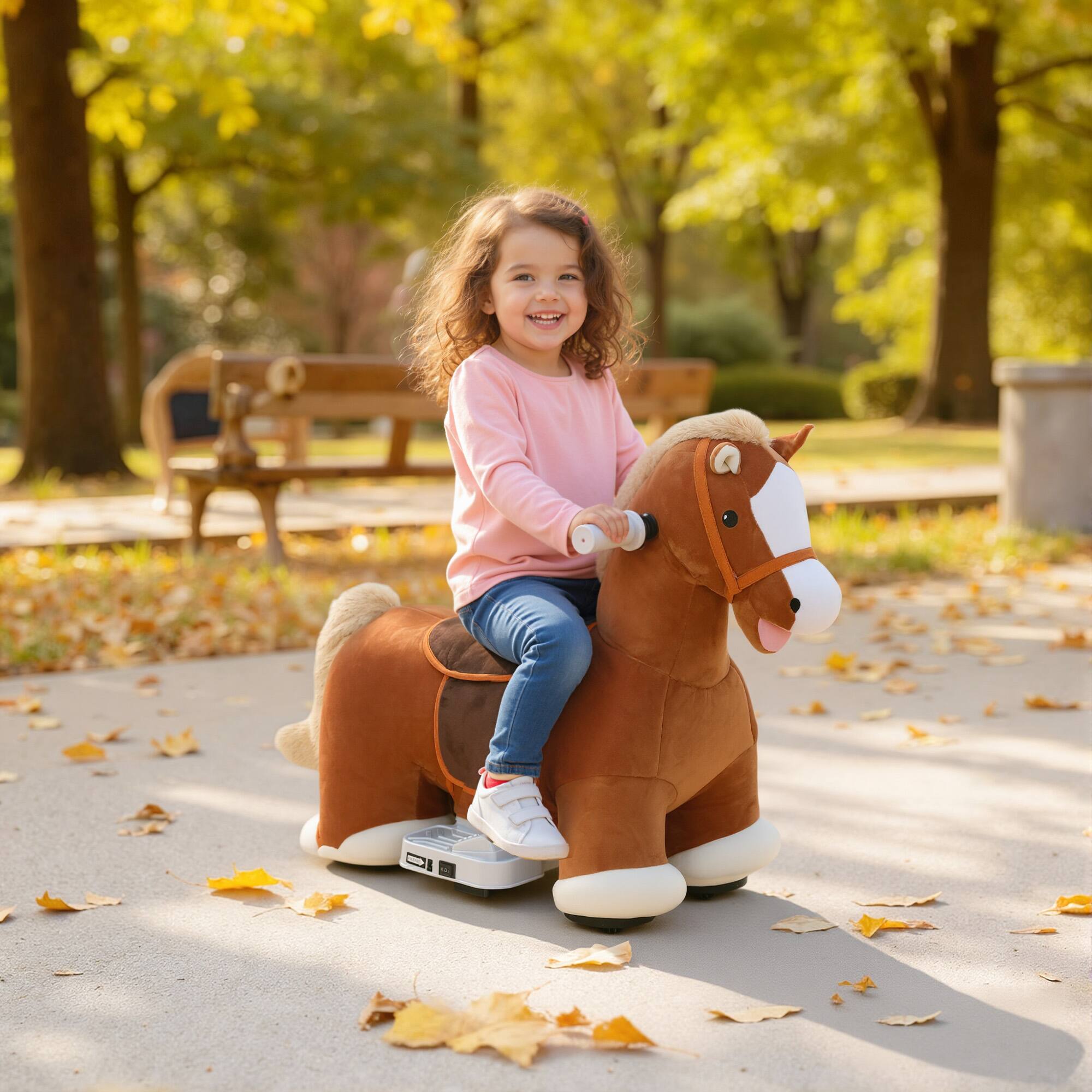 Alt View 1. Qaba - Battery Powered Ride on Horse with Music, Forward, Foot Pedal, Soft Touch, Washable Cover - Brown.