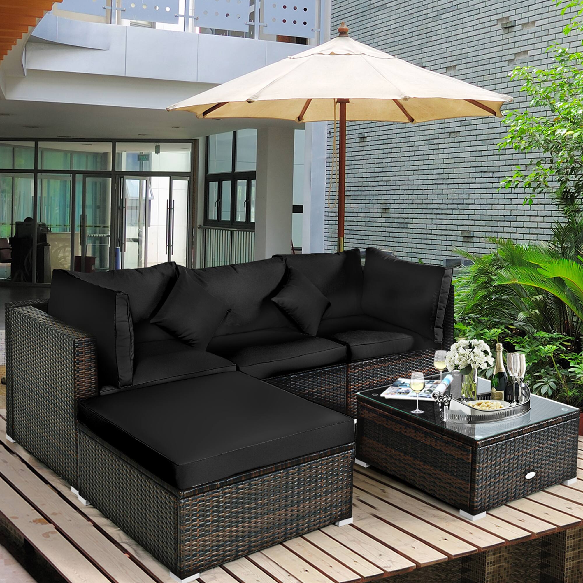Alt View 3. Gymax - Gymax 5PCS Rattan Patio Conversation Set Outdoor Furniture Set w/ Ottoman Black Cushion - Black.