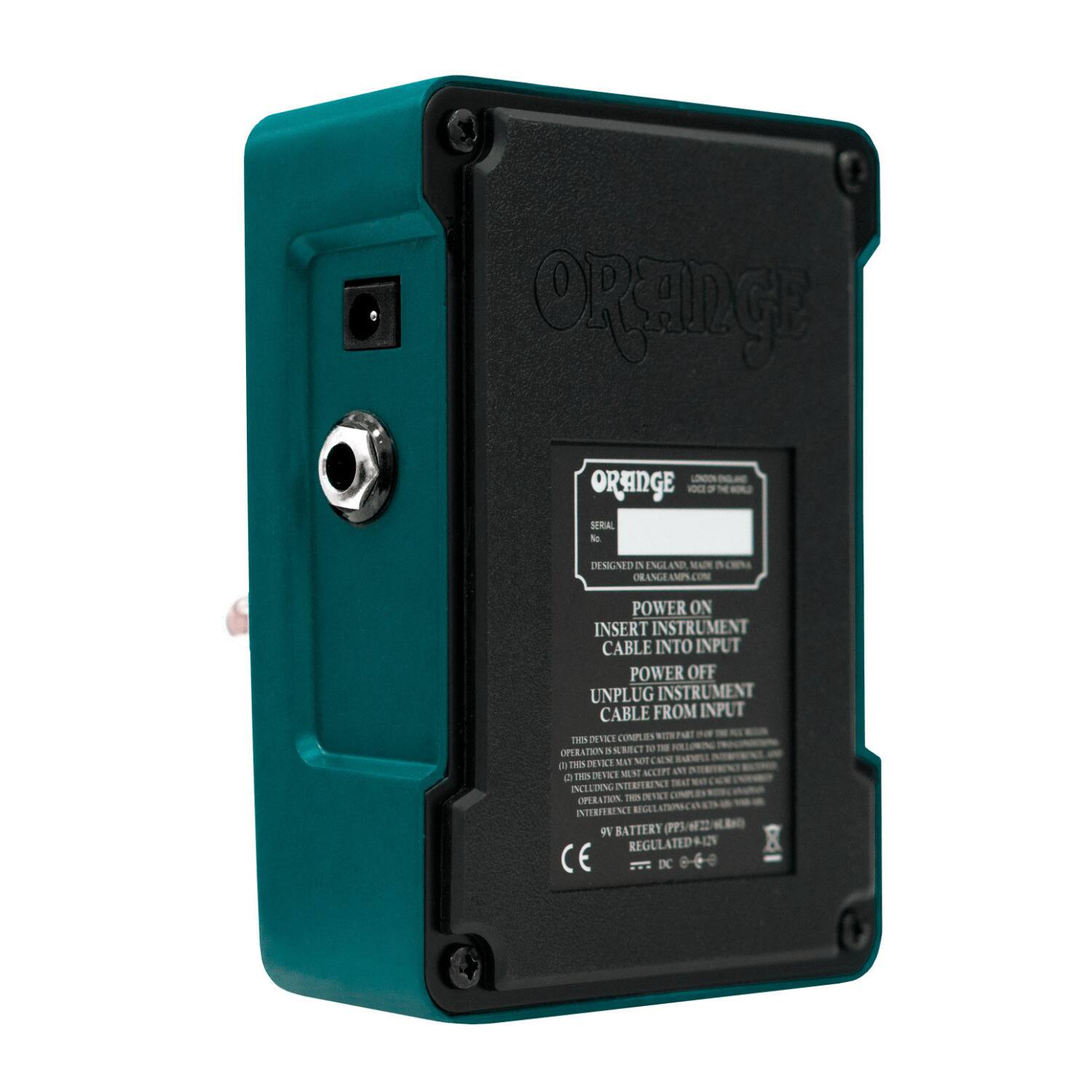 ORANGE  
VOICE OF THE WORLD  

POWER ON  
INSERT INSTRUMENT CABLE INTO INPUT  

POWER OFF  
UNPLUG INSTRUMENT CABLE FROM INPUT  

THIS DEVICE COMPLIES WITH PART 15 OF THE FCC RULES.  
ANY UNAUTHORIZED MODIFICATION OR ADJUSTMENT OF THIS DEVICE MAY CAUSE INTERFERENCE.  
THIS DEVICE MUST ACCEPT ANY INTERFERENCE RECEIVED, INCLUDING INTERFERENCE CAUSE BY OTHER EQUIPMENT.  

9V BATTERY (P9322Lb0)  
REGULATED 8V DC  

DESIGNED IN ENGLAND MADE IN CHINA  

CE  

DC 4-12V
