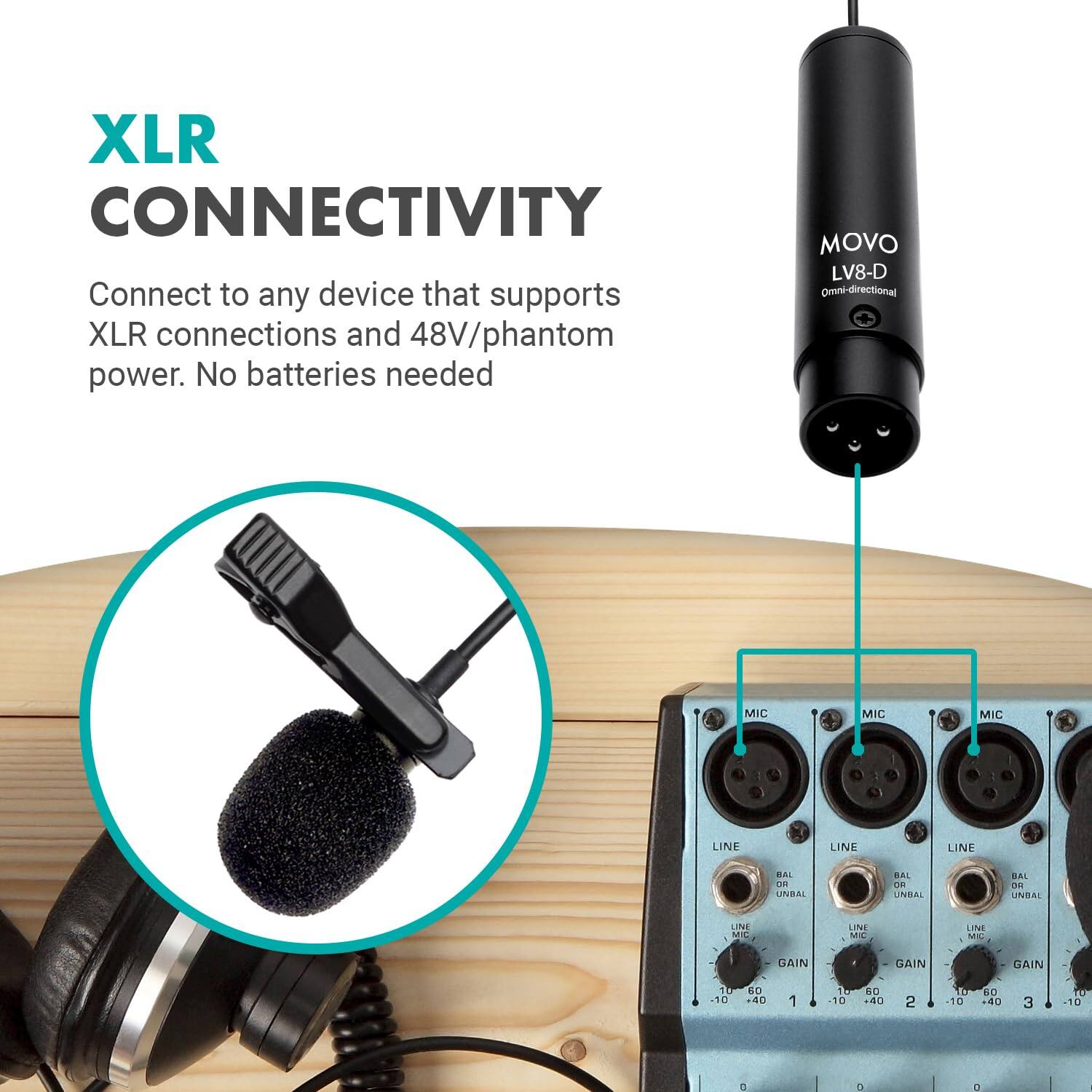 XLR CONNECTIVITY  
Connect to any device that supports XLR connections and 48V/phantom power. No batteries needed  

MOVO LV8-D Omni-directional MIC  

MIC LINE LINE LINE  
BAL UNBAL BAL UNBAL  
GAIN GAIN GAIN  
-10 +40 -10 +40 -10 +40  
1 2 3