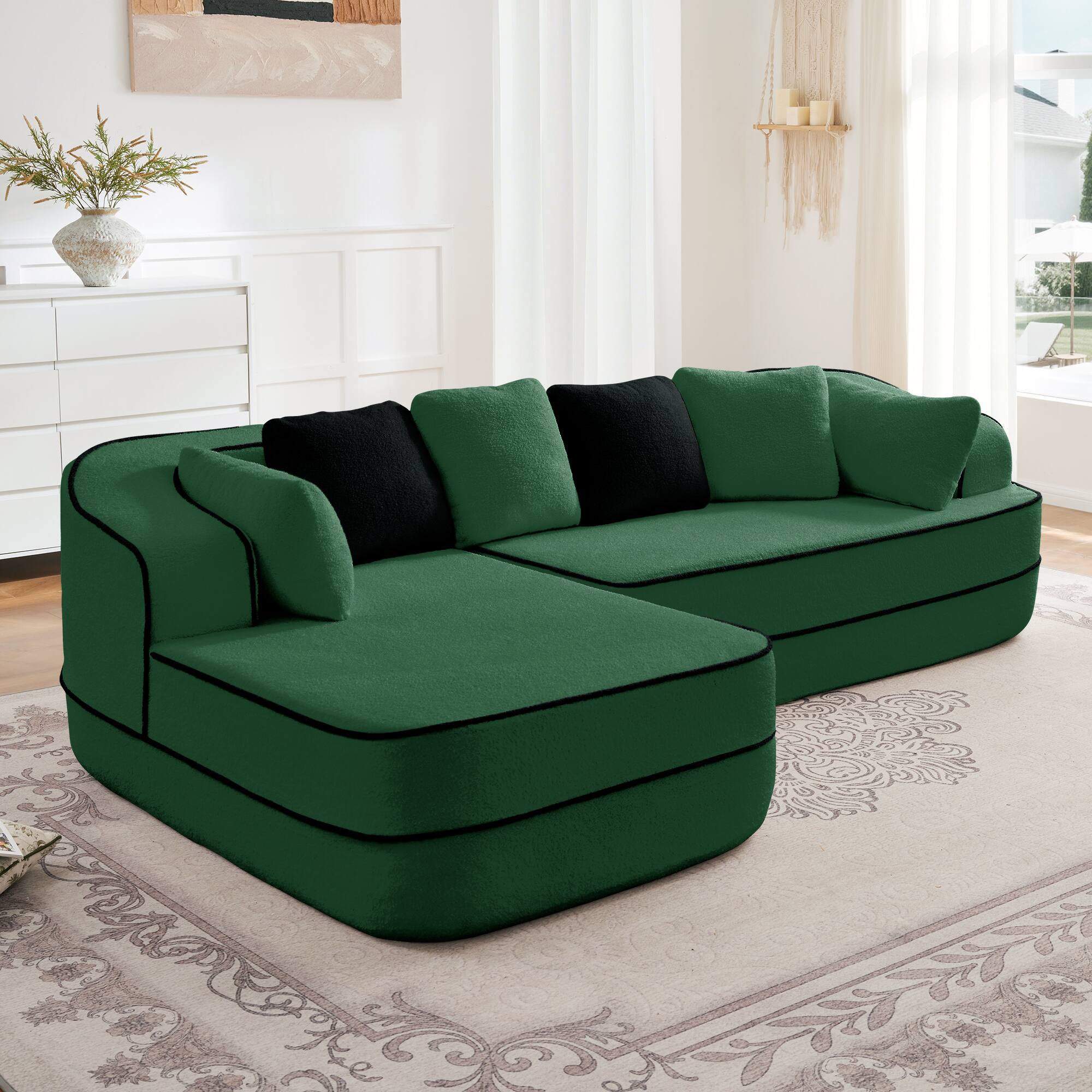 Front. LOVMOR - 106 inch L Shaped No Assembly Velvet Couch Compressed Pack Anti Slip Curved Armrests For Living Room Den TV XL - Green.