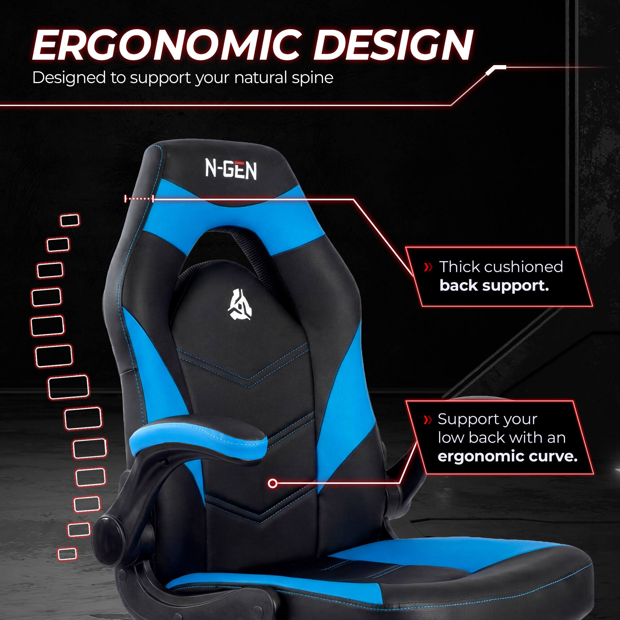 ERGONOMIC DESIGN  
Designed to support your natural spine

N-GEN  
Thick cushioned back support.  
Support your low back with an ergonomic curve.