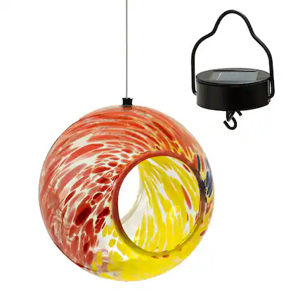 Front. Sunnydaze - Solar Glass Fly-Through Hanging Bird Feeder - 6" - Rainbow Swirl.