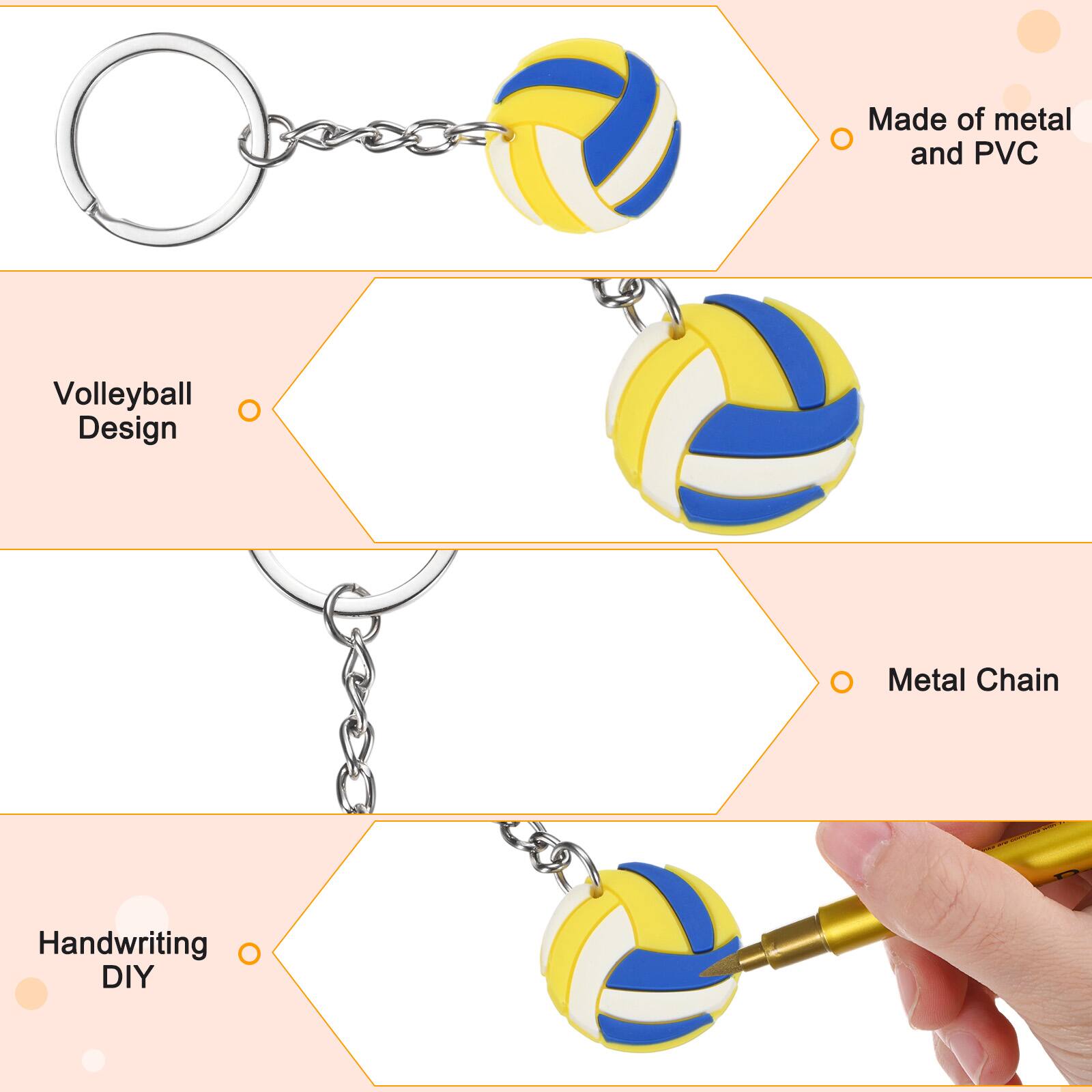 Made of metal and PVC  
Volleyball Design  
Metal Chain  
Handwriting DIY