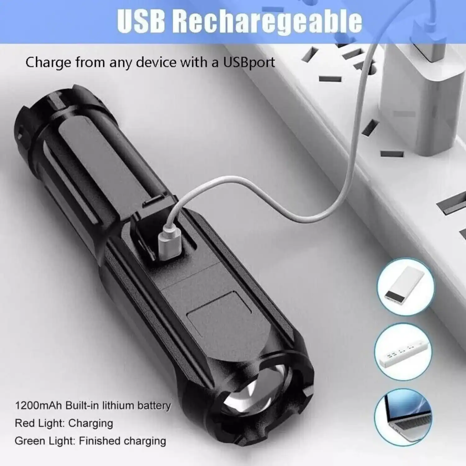 USB Rechargeable

Charge from any device with a USB port

1200mAh Built-in lithium battery

Red Light: Charging

Green Light: Finished charging