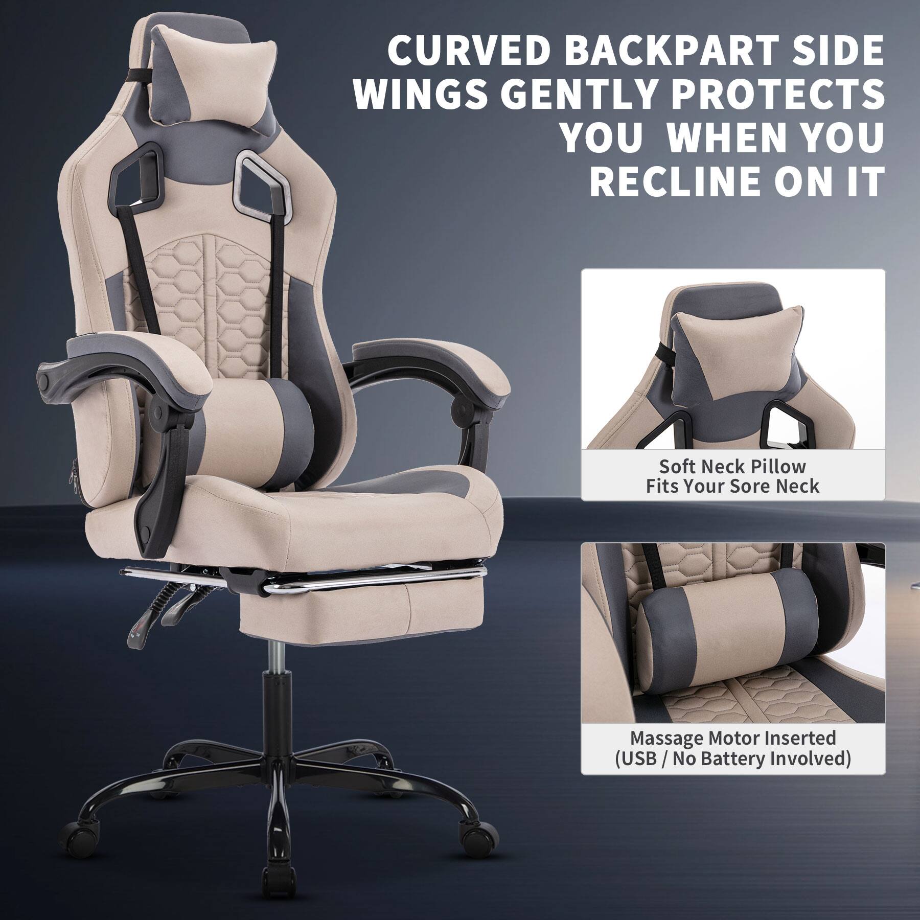 CURVED BACKPART SIDE WINGS GENTLY PROTECTS YOU WHEN YOU RECLINE ON IT

Soft Neck Pillow Fits Your Sore Neck

Massage Motor Inserted (USB / No Battery Involved)