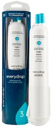 CERTIFIED TO REDUCE 73 CONTAMINANTS REFRIGERATOR FILTER PLATTE POUR REFRIGERATEUR BRANDS CERTIFIED MARQUES CERTIFIED Whirlpool, MAYTAG, AMANA, JENNAI, KitchenAid everydrop ICE & WATER flows everydrop ICE & WATER PEFSIGERATOS PLTES everydrop possibility ICE & WATER FILTER I everydrop 3