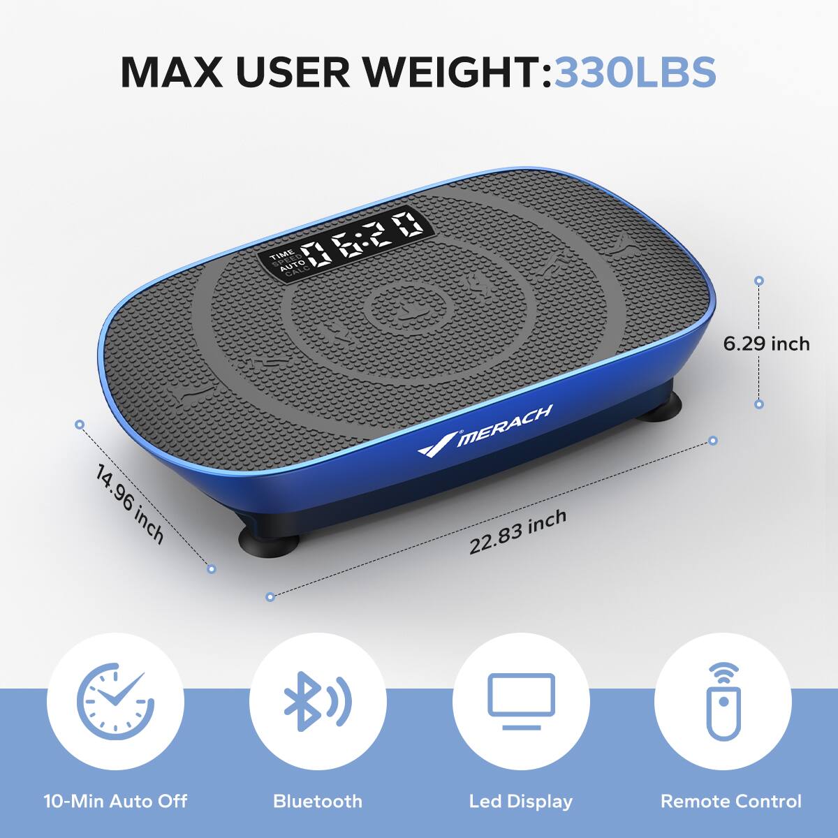 MAX USER WEIGHT: 330LBS  
TIMKE AUTO CALC  
05D  
6.29 inch  
14.96 inch  
22.83 inch  
10-Min Auto Off  
Bluetooth  
Led Display  
Remote Control
