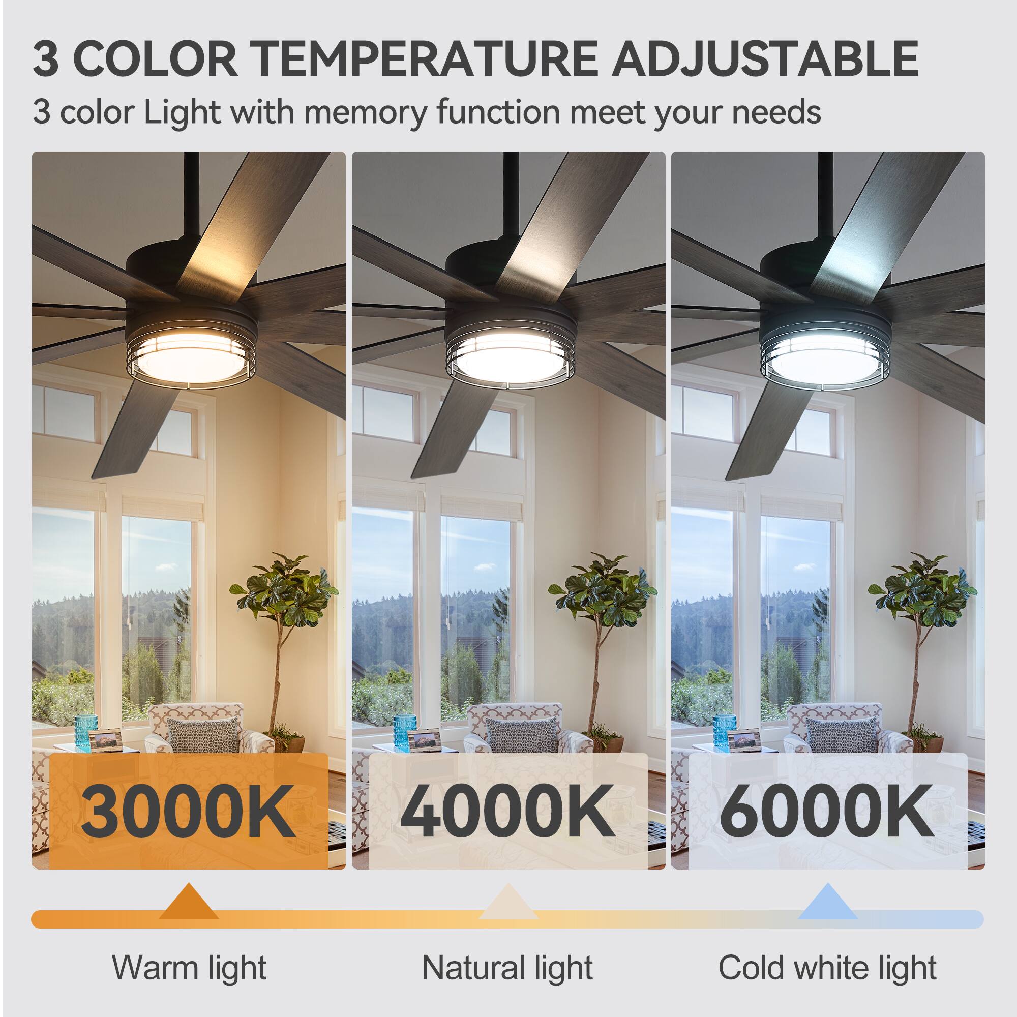 3 COLOR TEMPERATURE ADJUSTABLE  
3 color Light with memory function meet your needs  
3000K Warm light  
4000K Natural light  
6000K Cold white light