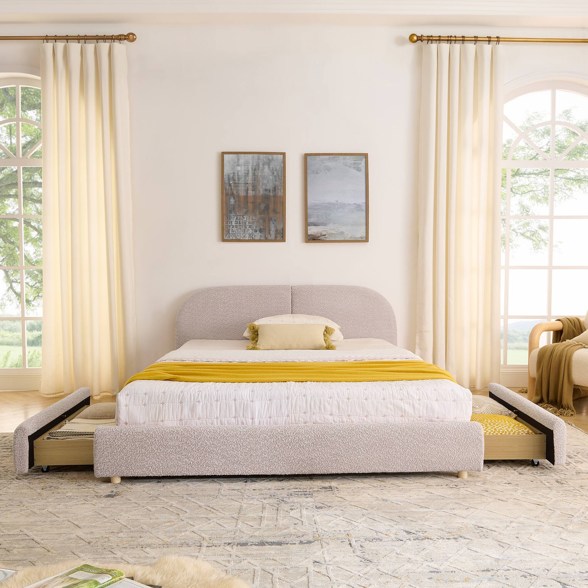 Left. Anysun - Queen Minimalist Upholstered Bed Frame - Circle Yarn Fabric, Curved Headboard, Wheeled Drawer Storage - Pink.