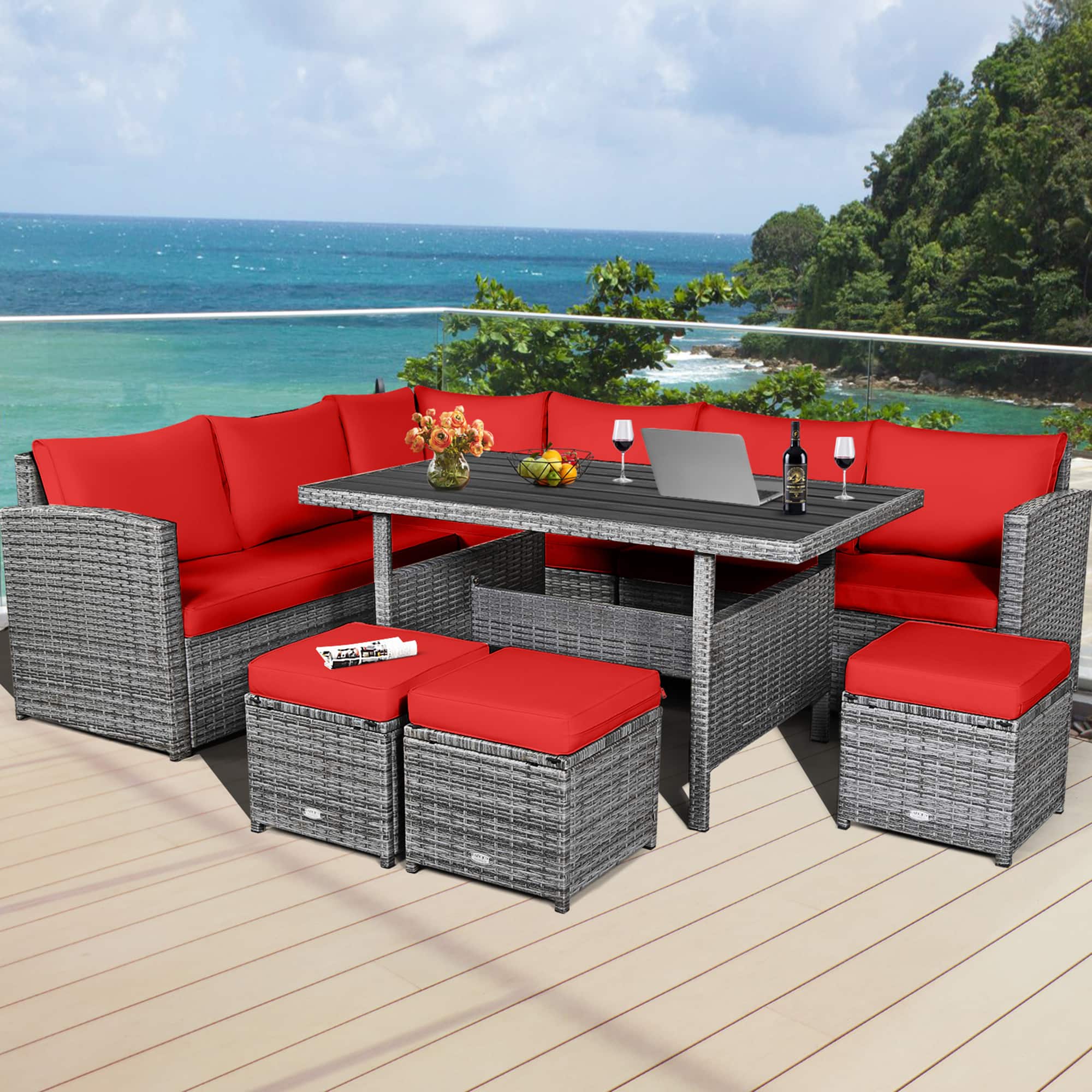 Gymax - 7PCS Rattan Patio Sectional Sofa Set Conversation Set w/ Cushions - Red price history on PriceWatchPro