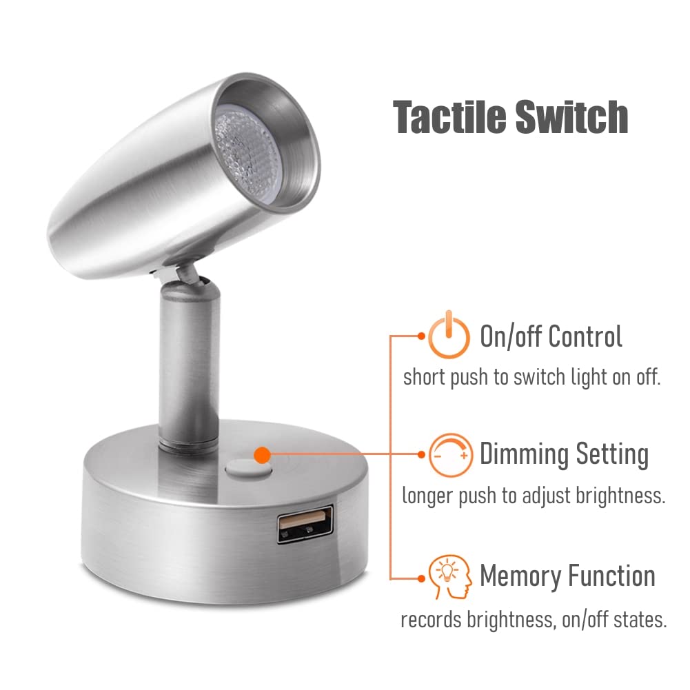 Tactile Switch

- On/off Control: short push to switch light on/off.
- Dimming Setting: longer push to adjust brightness.
- Memory Function: records brightness, on/off states.