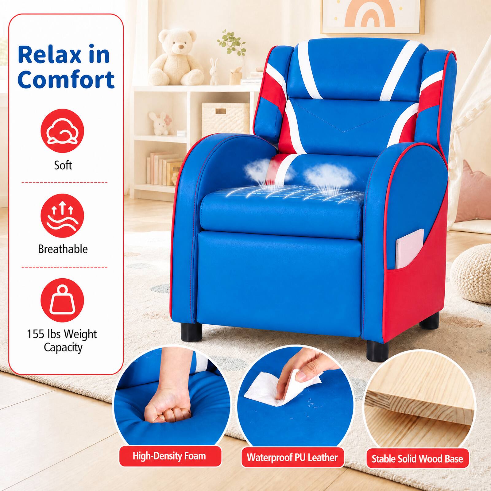 Relax in Comfort

- Soft
- Breathable
- 155 lbs Weight Capacity
- High-Density Foam
- Waterproof PU Leather
- Stable Solid Wood Base