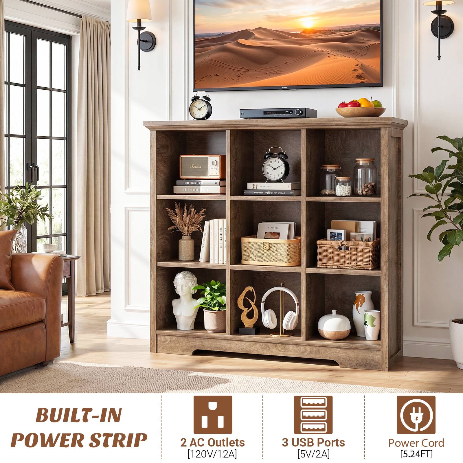 - BUILT-IN POWER STRIP
  - 2 AC Outlets [120V/12A]
  - 3 USB Ports [5V/2A]
  - Power Cord [5.24FT]