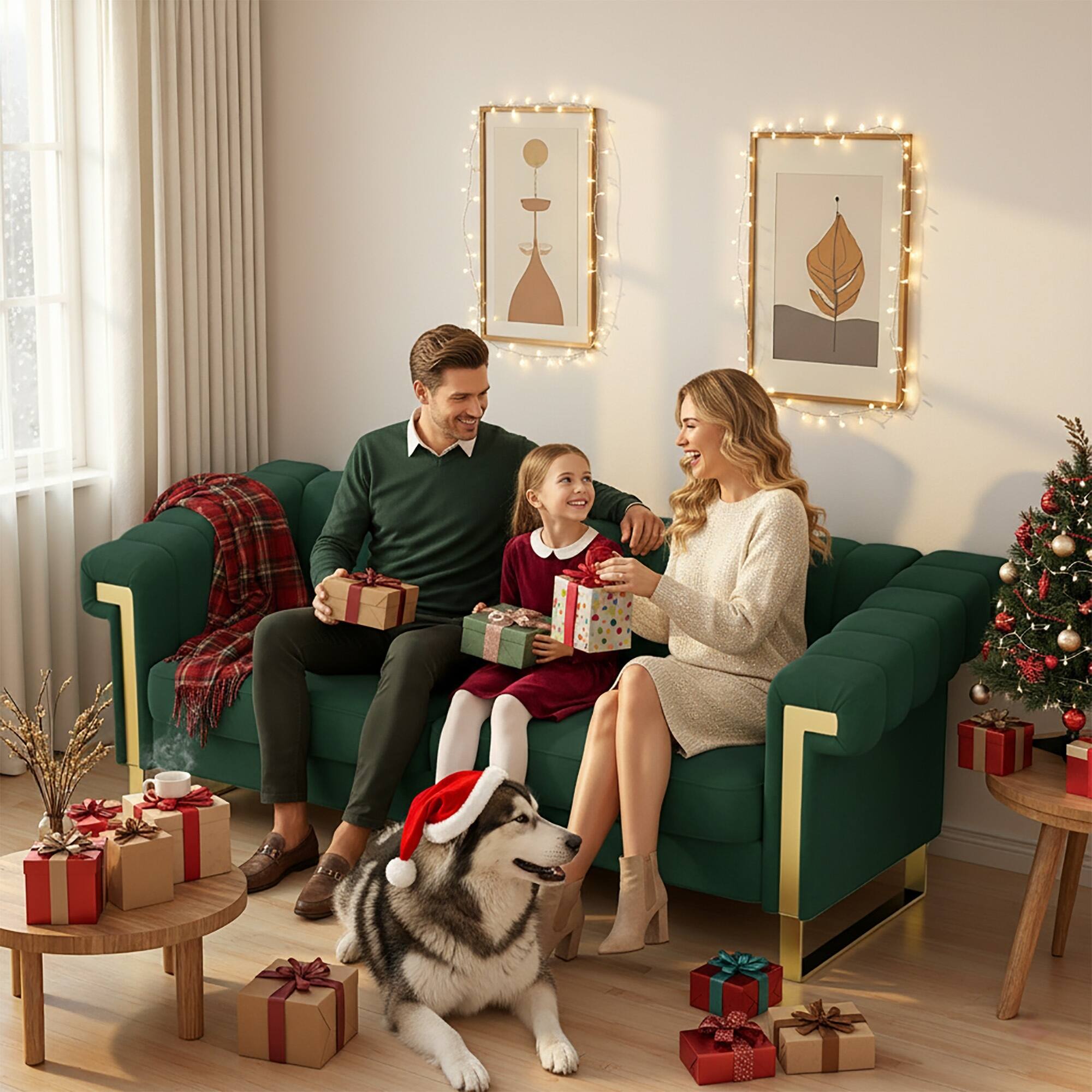 Angle. Anysun - Modern 3-Seat Cream Velvet Sofa with Gold Accents - Channel-Tufted for Living Room & Office. - Green.