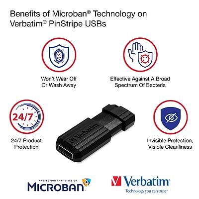Benefits of Microban® Technology on Verbatim® PinStripe USBs

- Won't Wear Off Or Wash Away
- Effective Against A Broad Spectrum Of Bacteria
- 24/7 Product Protection
- Invisible Protection, Visible Cleanliness

Protection That Lasts On Microban®
Verbatim Technology you can trust