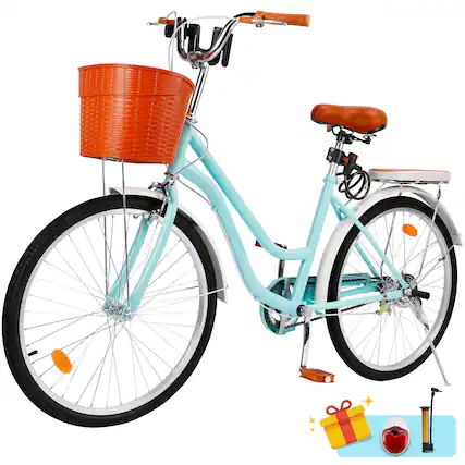 Front. Topteng - 24 Inch Beach Cruiser Bike for Adult -Low Step Design, Basket & Rack, High Carbon Steel Frame, Dual Brakes Bicycle Blue - Blue.