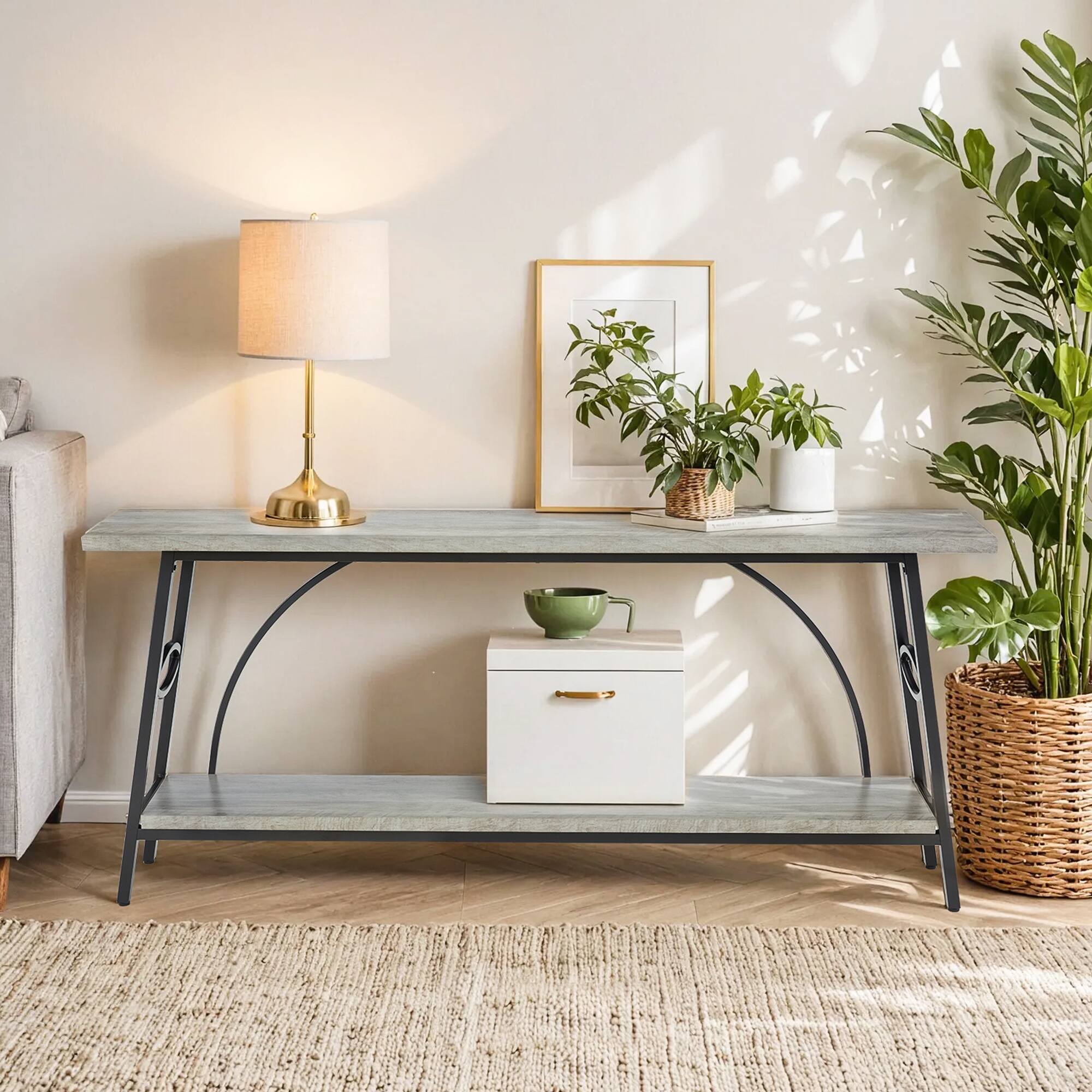 Angle. U-HOMY - Narrow Entryway Console Table with Half Round Frame & Shelves: 31.5" Height for Hallway or Behind Sofa - Grey.