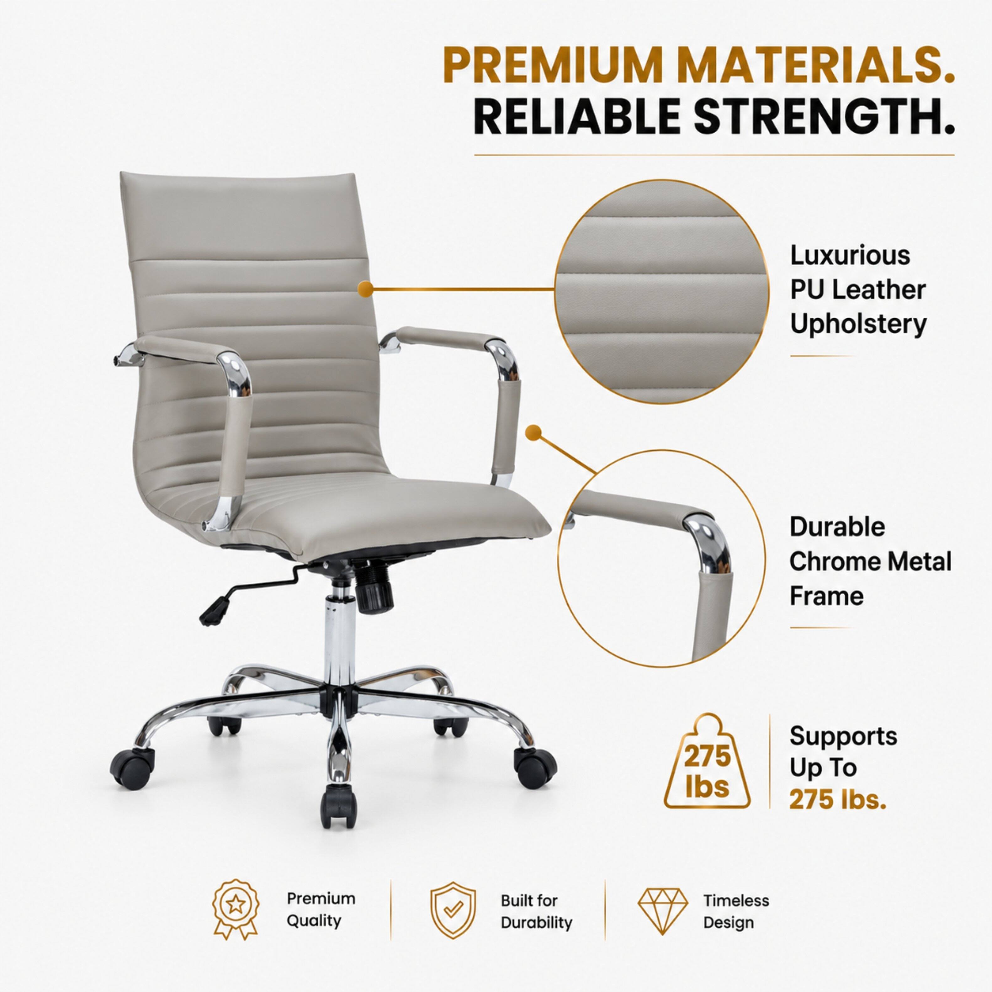 PREMIUM MATERIALS. RELIABLE STRENGTH.

Luxurious PU Leather Upholstery

Durable Chrome Metal Frame

Supports Up To 275 lbs.

Premium Quality

Built for Durability

Timeless Design