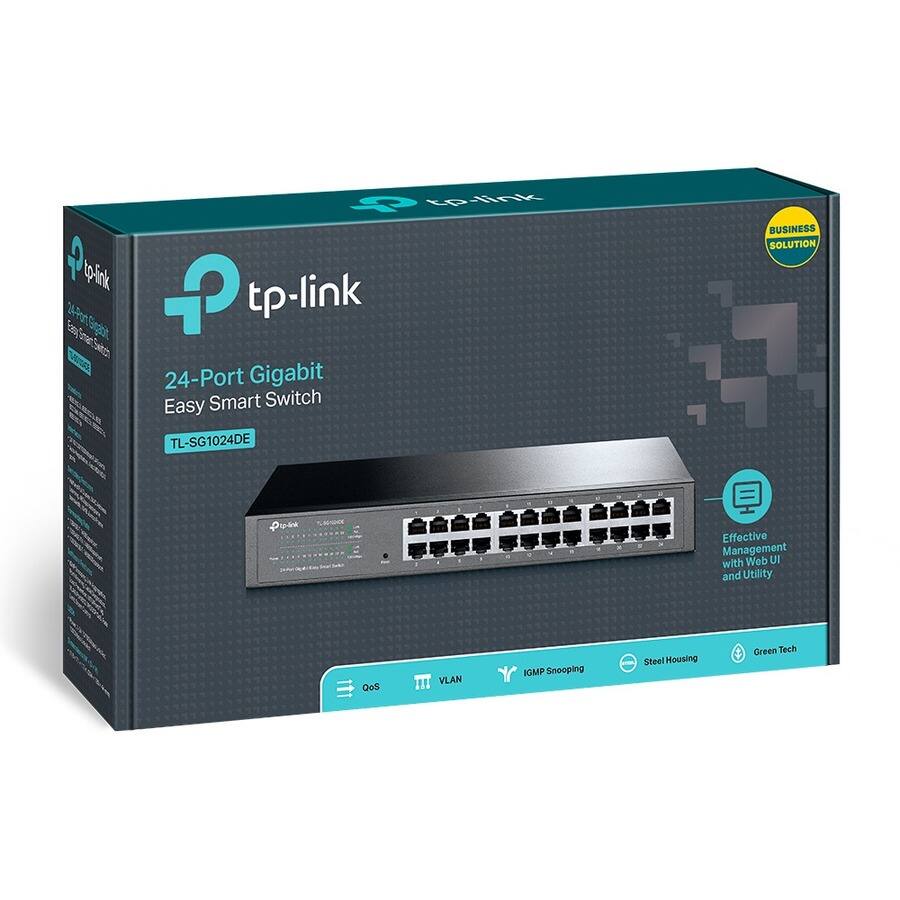 24-Port Gigabit Easy Smart Switch  
TL-SG1024DE  

Business Solution  

Effective Management with Web UI and Utility  

QoS  
VLAN  
IGMP Snooping  
Steel Housing  
Green Tech  

Effective Management with Web UI and Utility