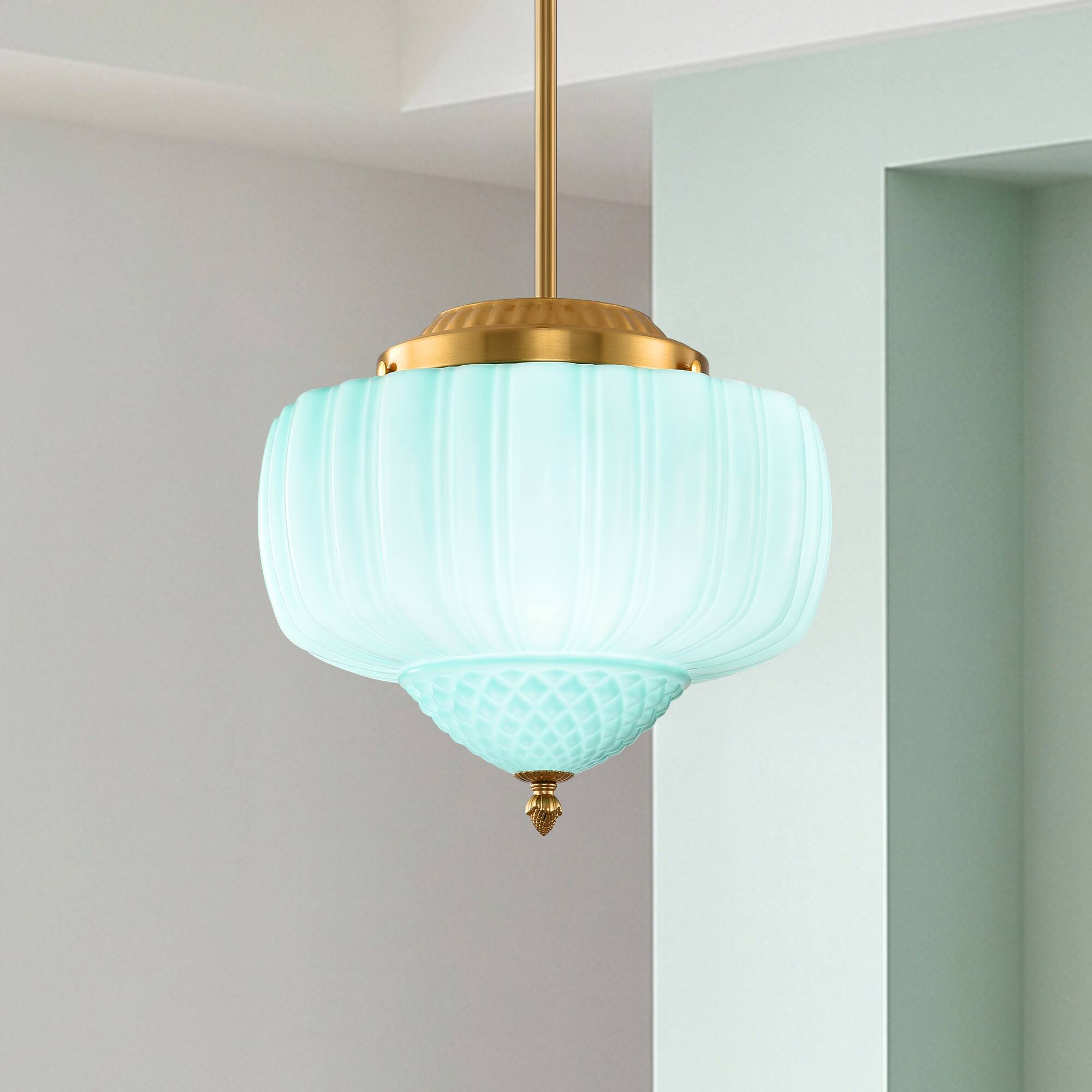 Alt View 1. Parrot Uncle - 13-Inch Vintage Green Ribbed Opal Glass 3-Light Schoolhouse Pendant Ceiling Light - Gold.
