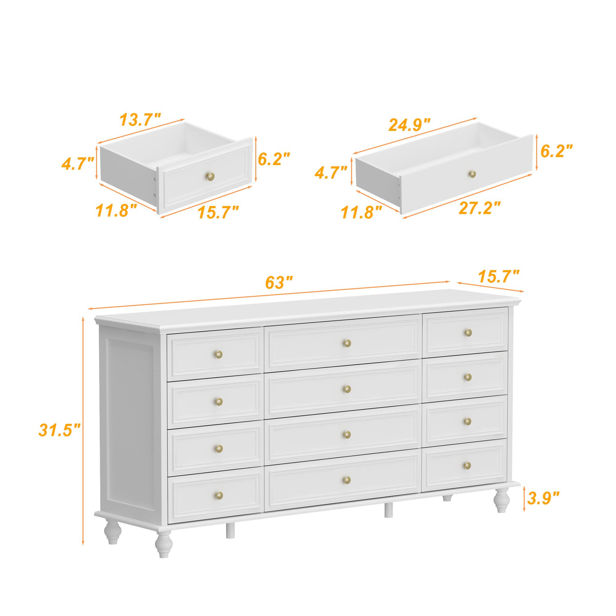 Width: 15.7", Depth: 6.2", Height: 31.5", Legs: 3.9", Drawer 1: 11.8" x 4.7" x 6.2", Drawer 2: 27.2" x 4.7" x 6.2", Drawer 3: 11.8" x 4.7" x 13.7"