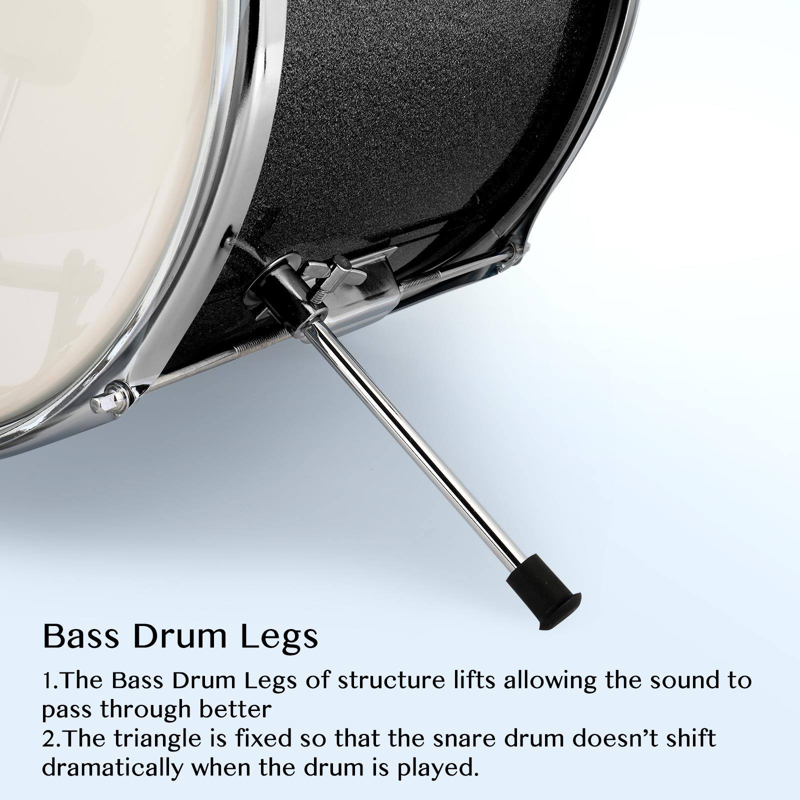 Bass Drum Legs

1. The Bass Drum Legs of structure lifts allowing the sound to pass through better.
2. The triangle is fixed so that the snare drum doesn't shift dramatically when the drum is played.