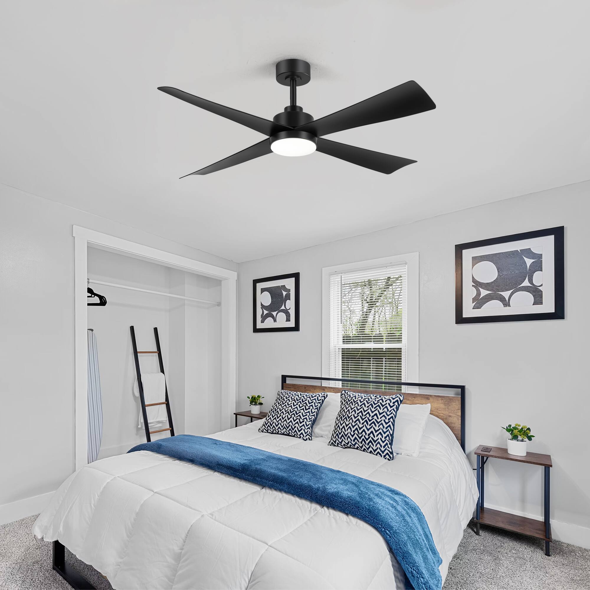 Alt View 1. Breezary - 52-Inch Ceiling Fan with 4 ABS Blades, 3-Color Light, 6-Speed DC Motor, Remote Control, 5'' & 10'' Downrods - Matte Black.