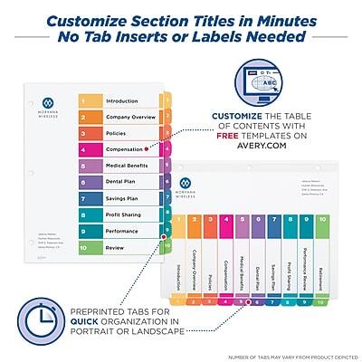 Customize Section Titles in Minutes  
No Tab Inserts or Labels Needed  

1. Introduction  
2. Company Overview  
3. Policies  
4. Compensation  
5. Medical Benefits  
6. Dental Plan  
7. Savings Plan  
8. Profit Sharing  
9. Performance  
10. Review  

Customize the Table of Contents with Free Templates on Avery.com  

Preprinted Tabs for Quick Organization in Portrait or Landscape  

Number of Tabs May Vary from Product Depicted