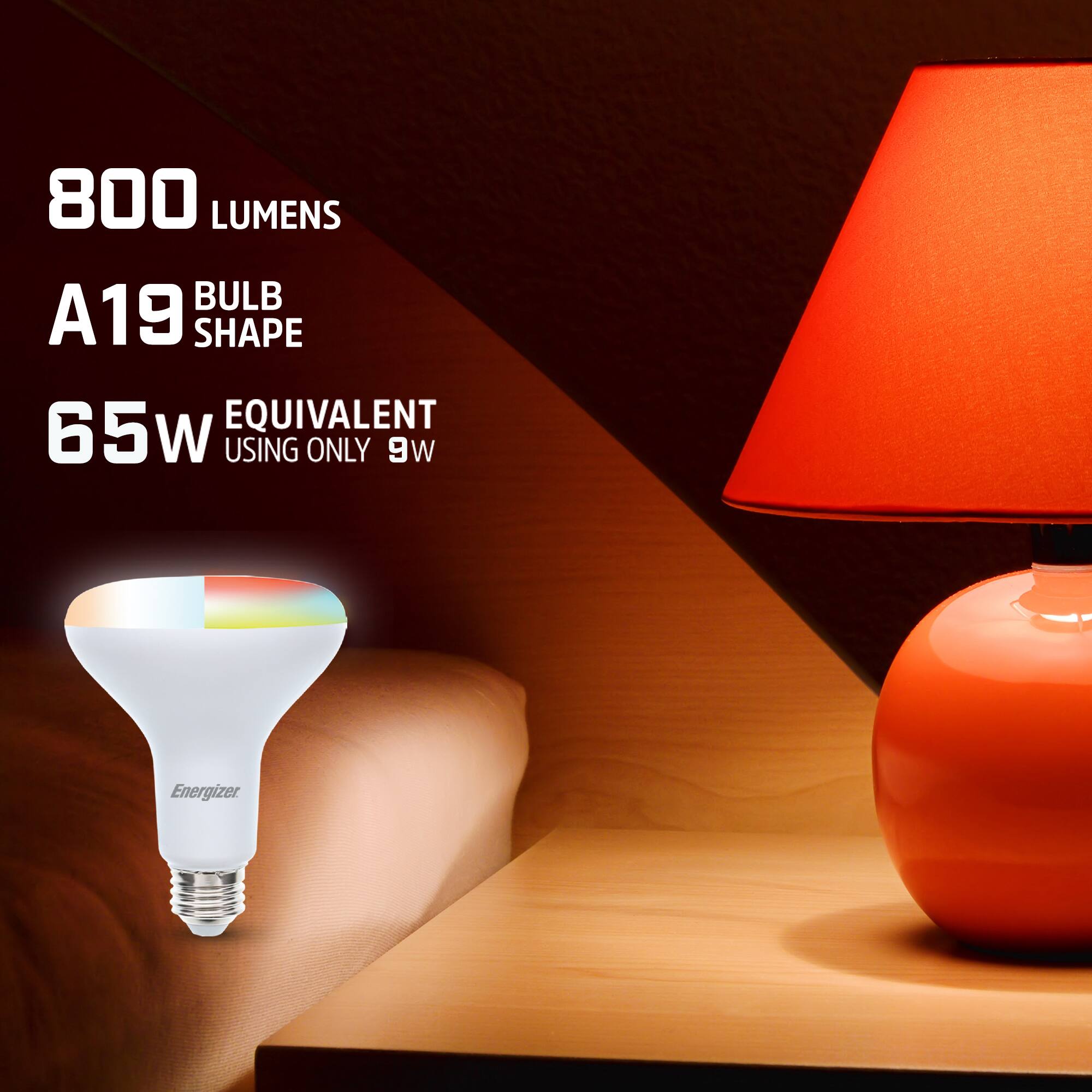 800 LUMENS  
A19 SHAPE  
65W EQUIVALENT USING ONLY 9W  
Energizer