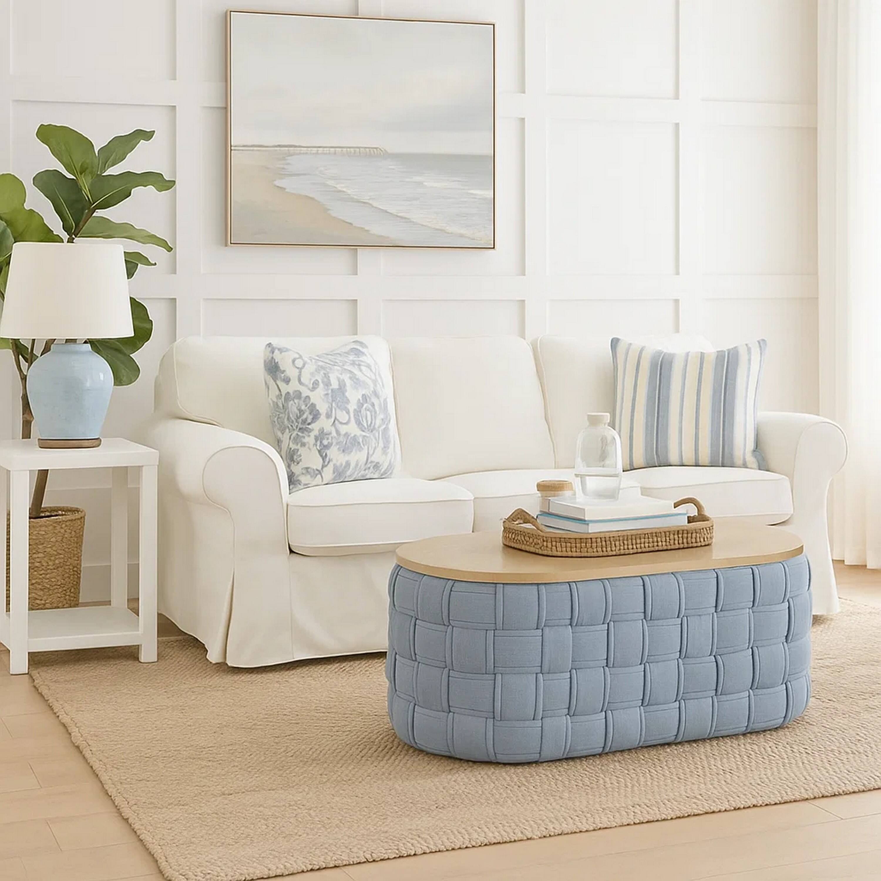 Alt View 6. Manhattan Lane - Reah Coffee Table, Knitted Light Blue Chenille, 41 Inch - Teal, Brown.