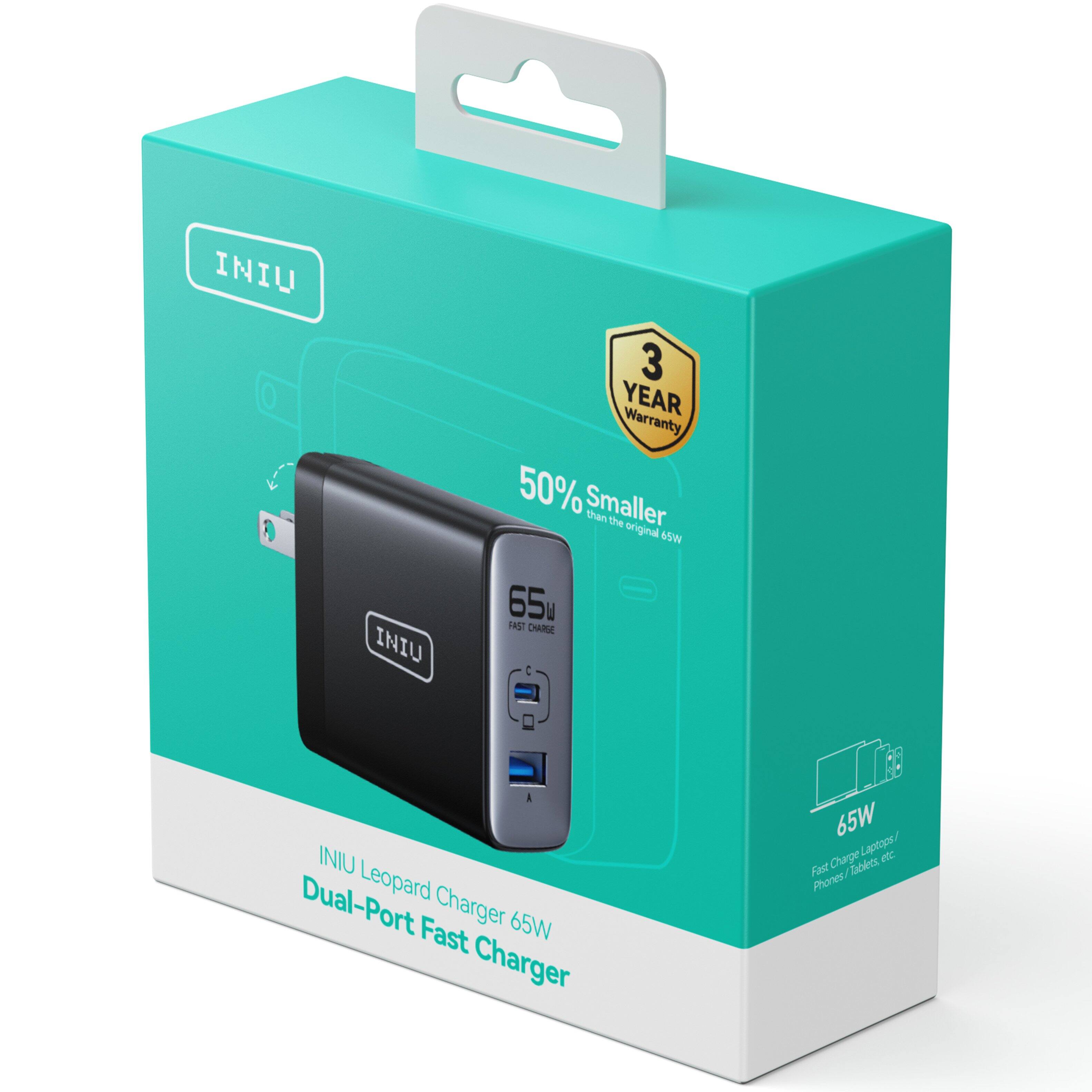 INIU 3 YEAR WARRANTY 50% SMALLER THAN THE ORIGINAL 6 INIU 65W FAST CHARGER DUAL-PORT LEOPARD CHARGER 65W FAST CHARGE FOR LAPTOPS/ETC. FAST CHARGE FOR PHONES/TABLETS.